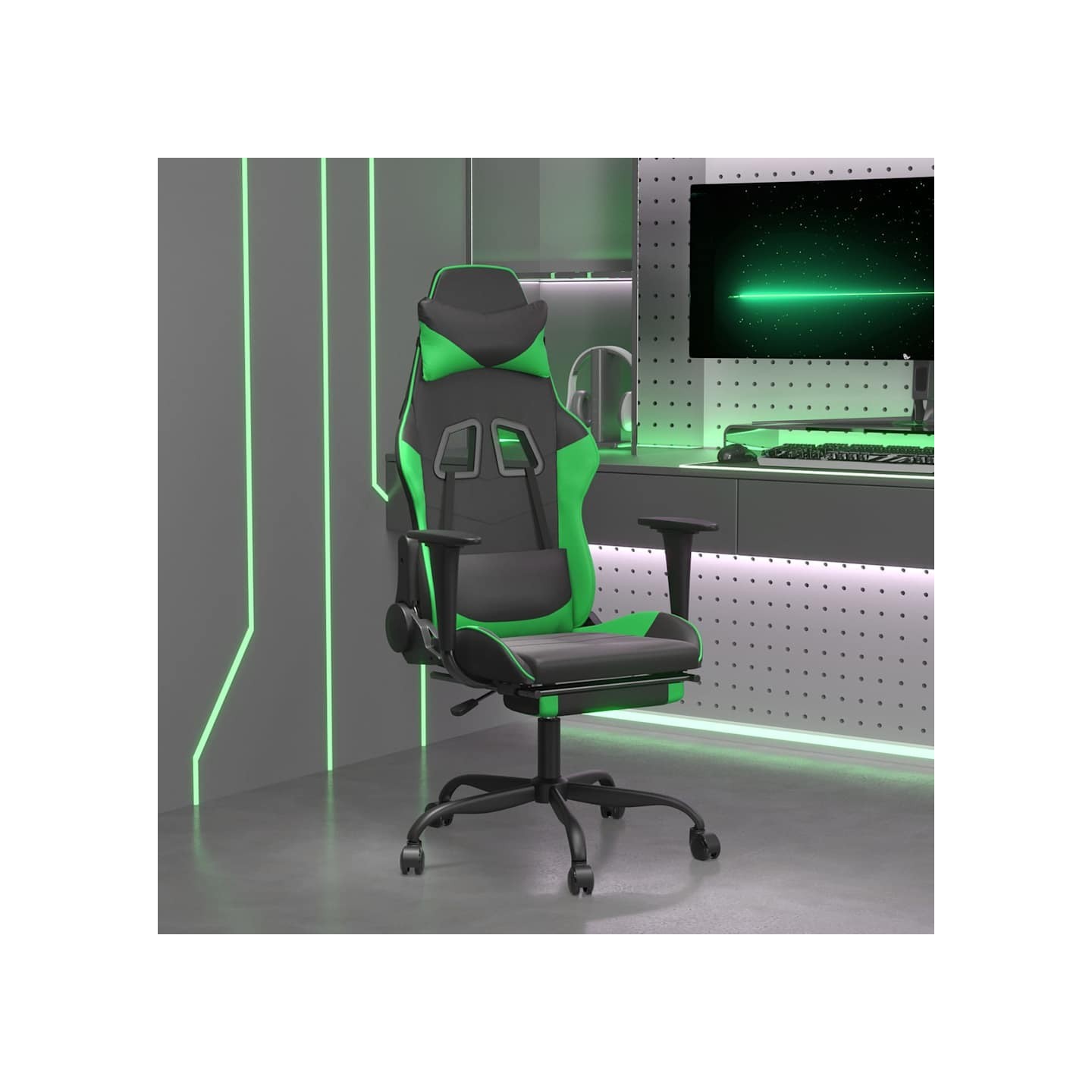 Chaise de jeu avec repose-pied Noir et vert Similicuir