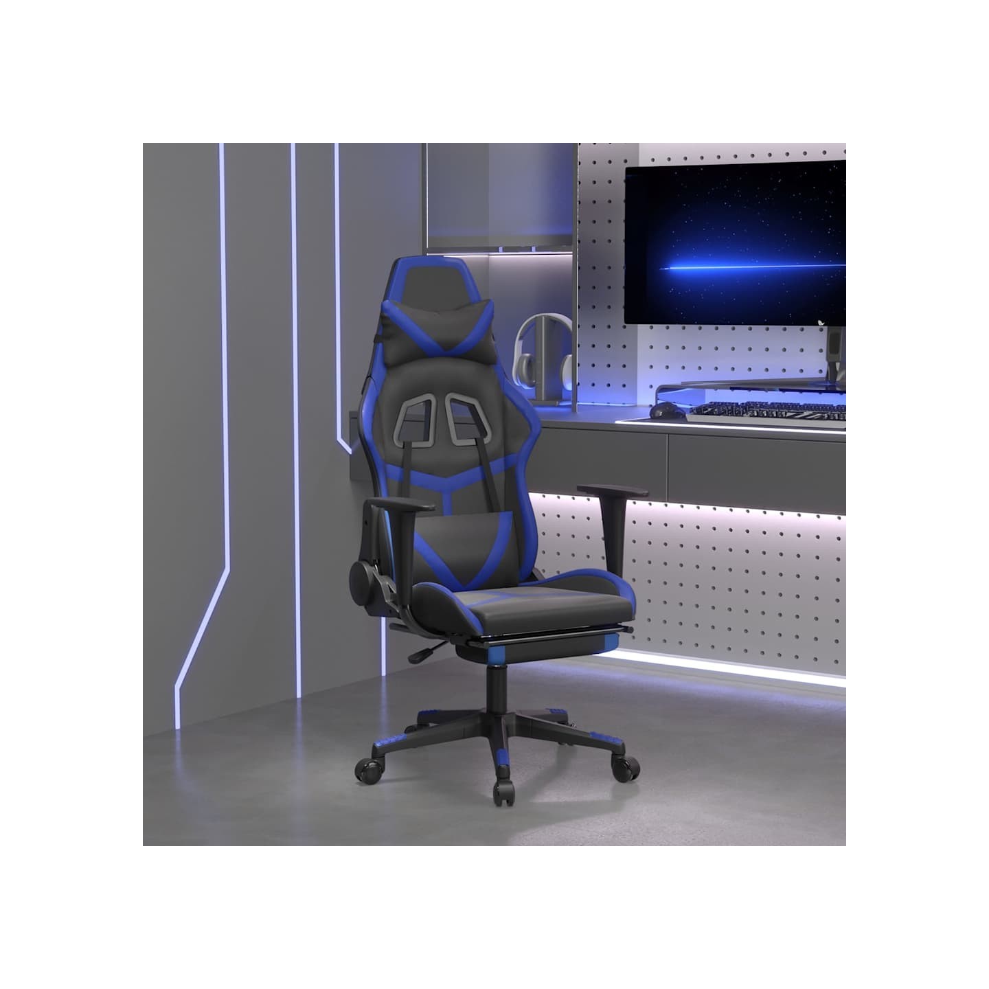 Chaise de jeu avec repose-pied Noir et bleu Similicuir