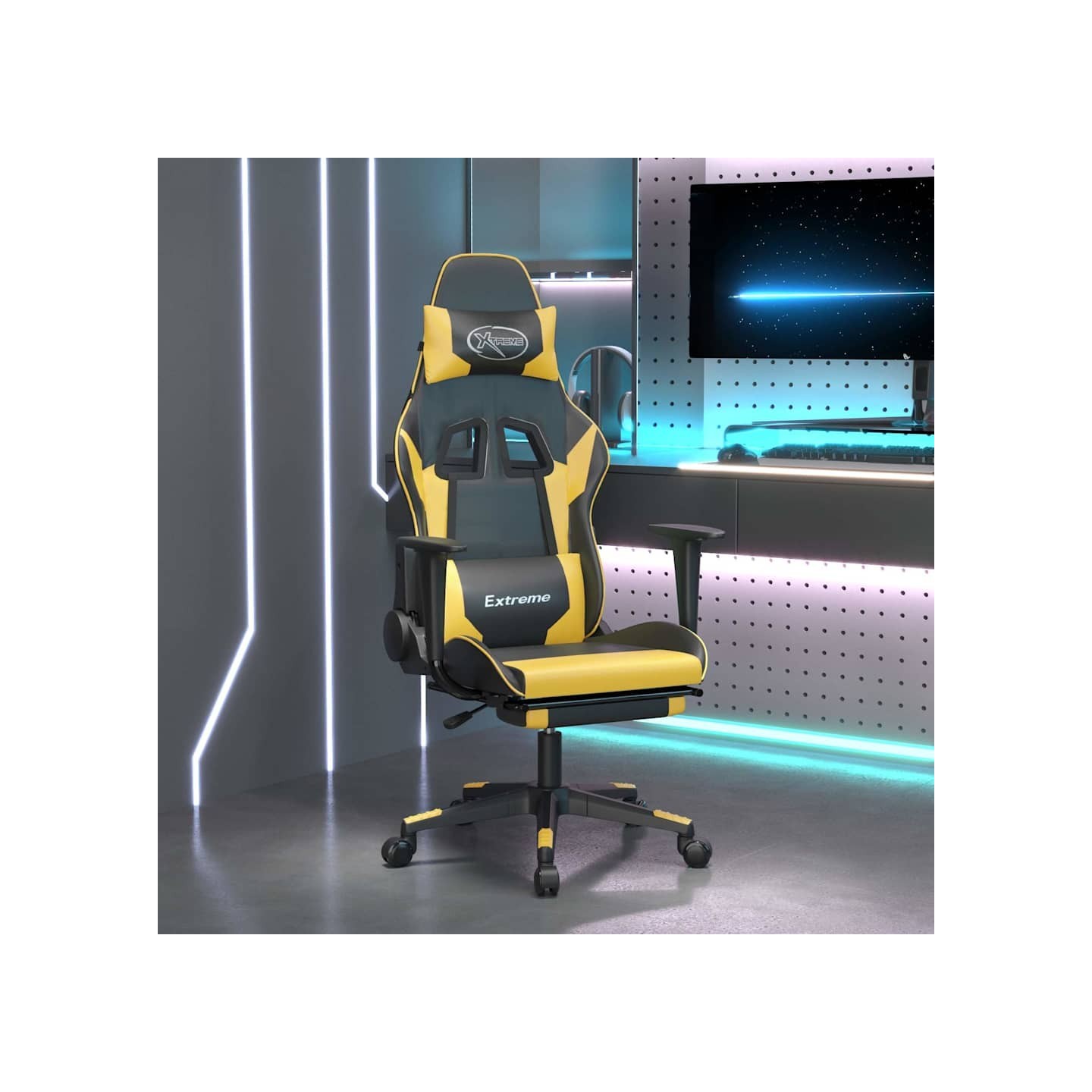 Chaise de jeu avec repose-pied Noir et doré Similicuir