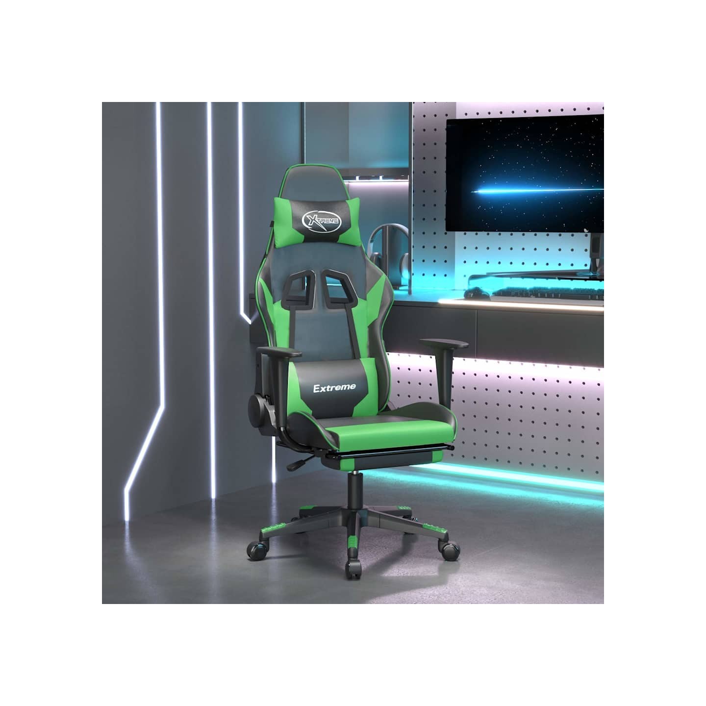 Chaise de jeu avec repose-pied Noir et vert Similicuir