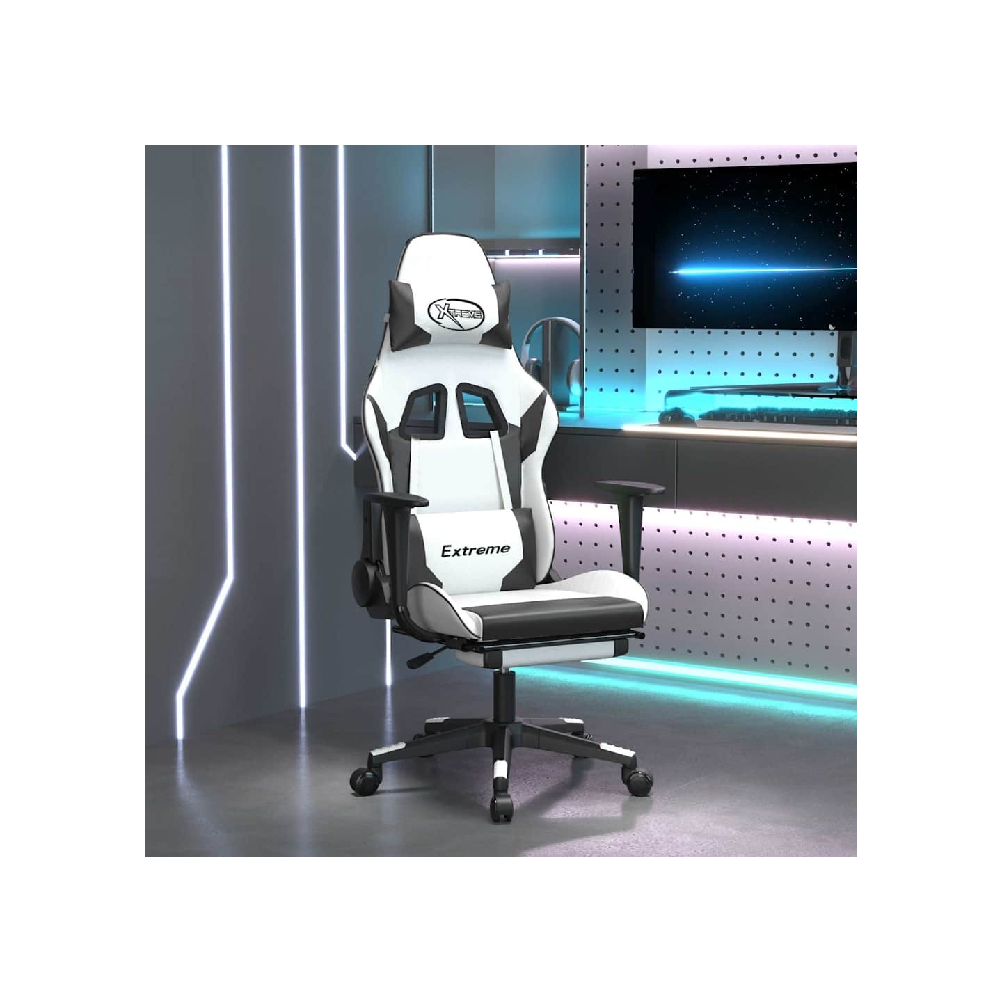 Chaise de jeu avec repose-pied Blanc et noir Similicuir