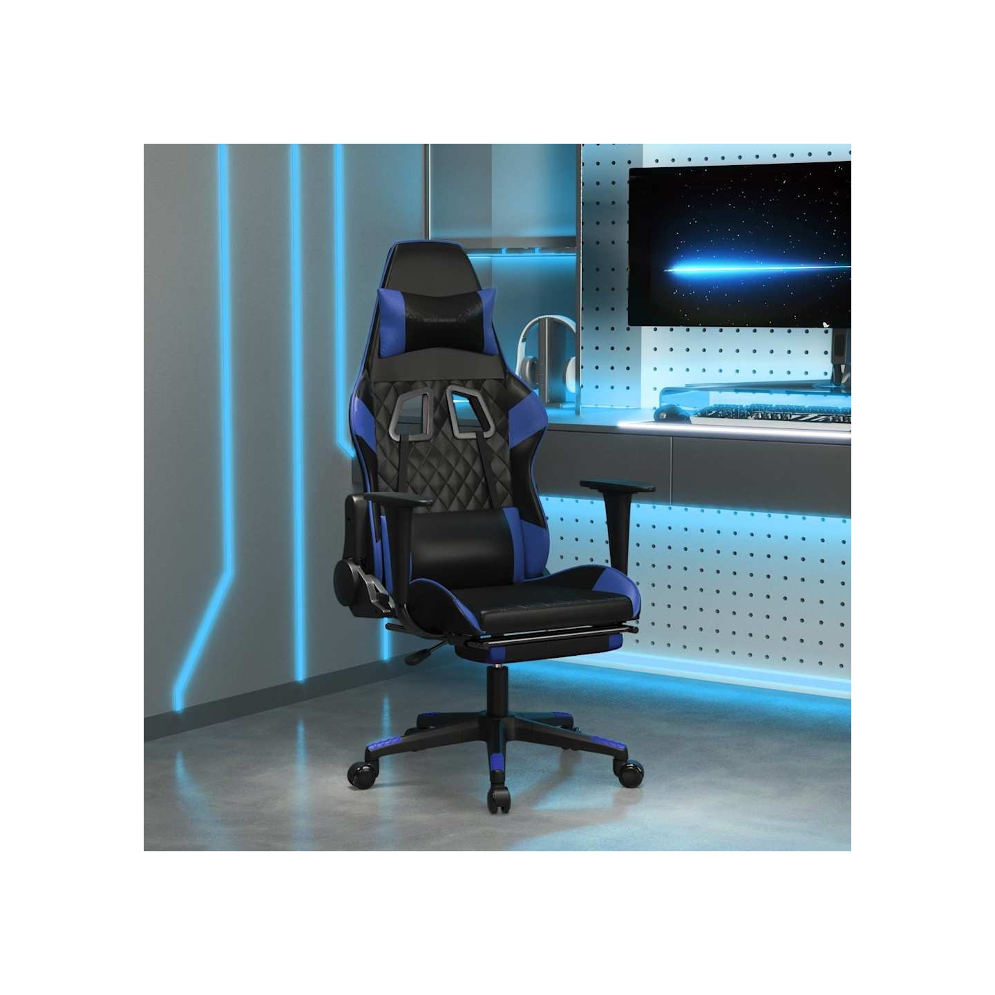 Chaise de jeu avec repose-pied Noir et bleu Similicuir