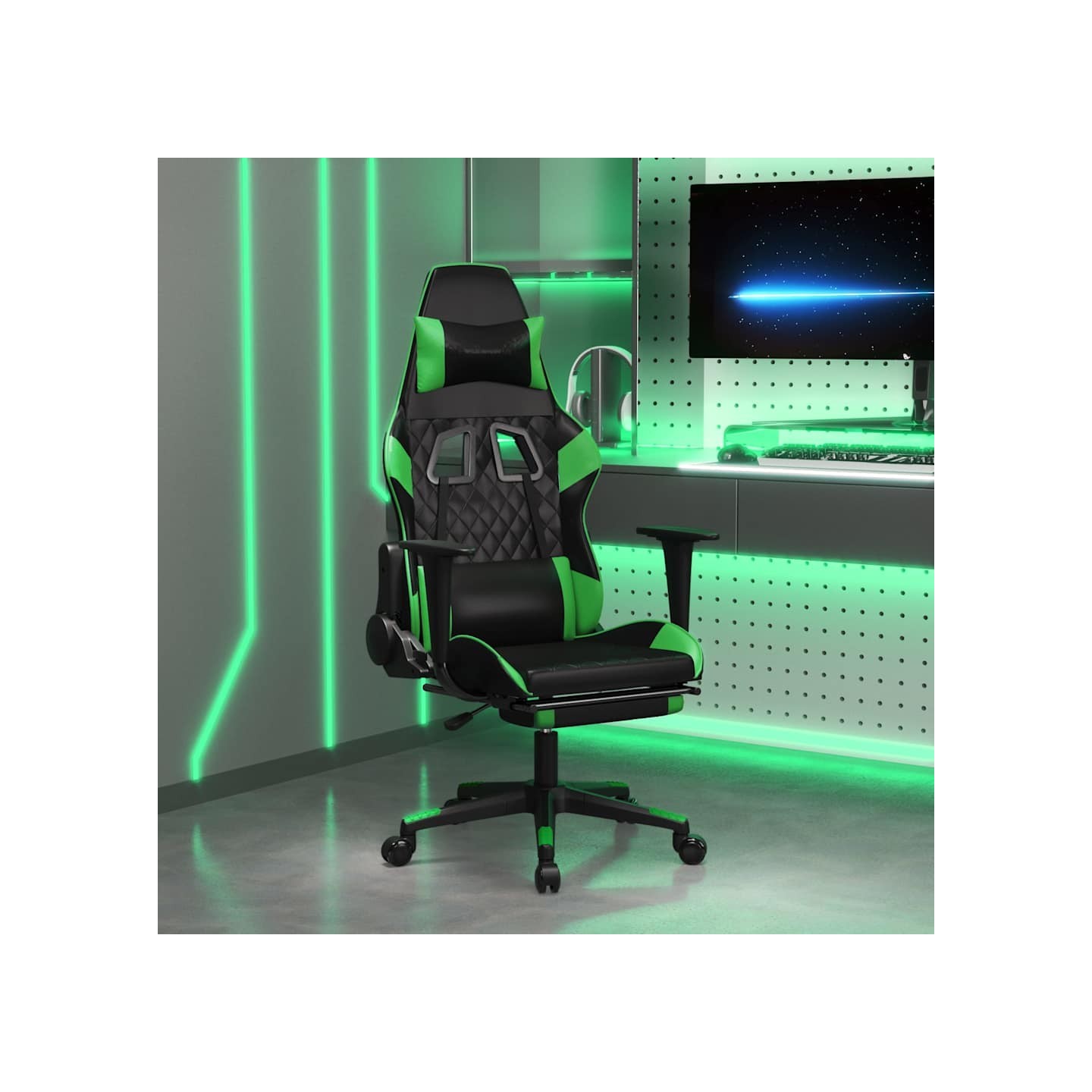 Chaise de jeu avec repose-pied Noir et vert Similicuir