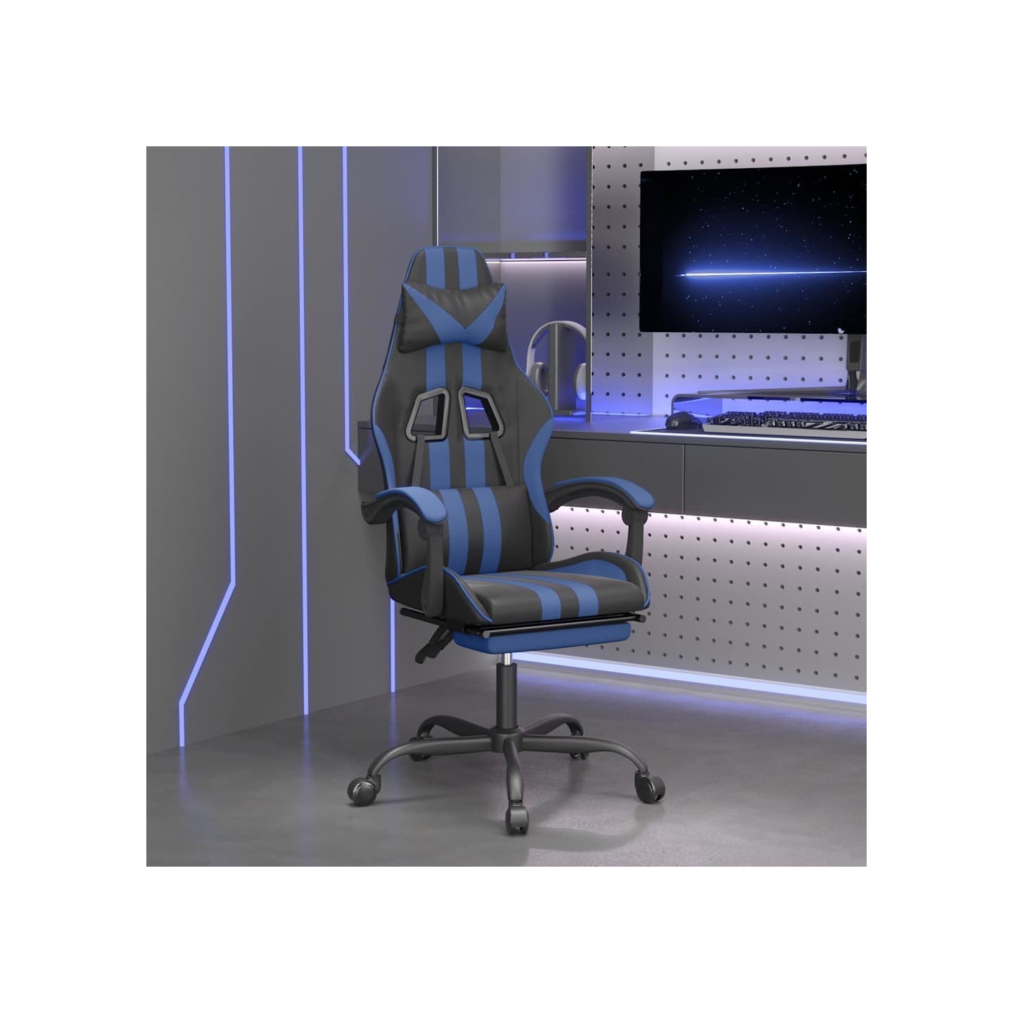 Chaise de jeu avec repose-pied Noir et bleu Similicuir