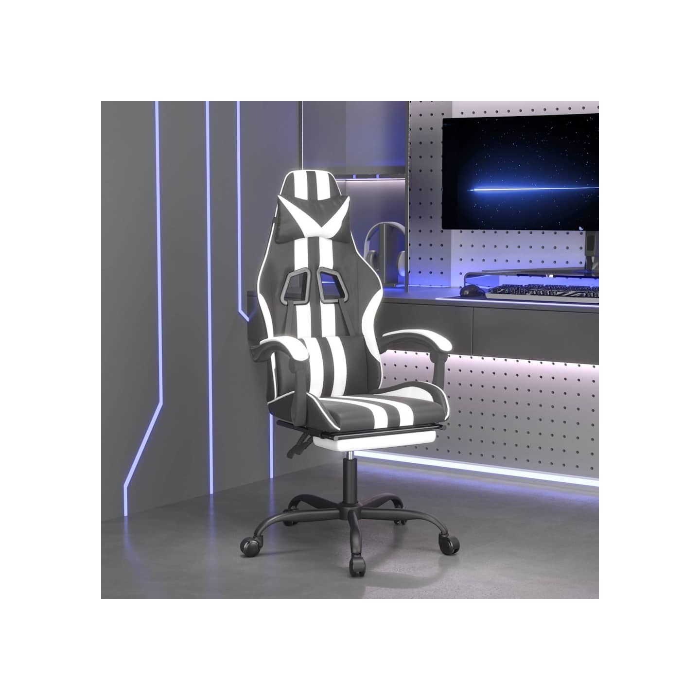 Chaise de jeu avec repose-pied Noir et blanc Similicuir