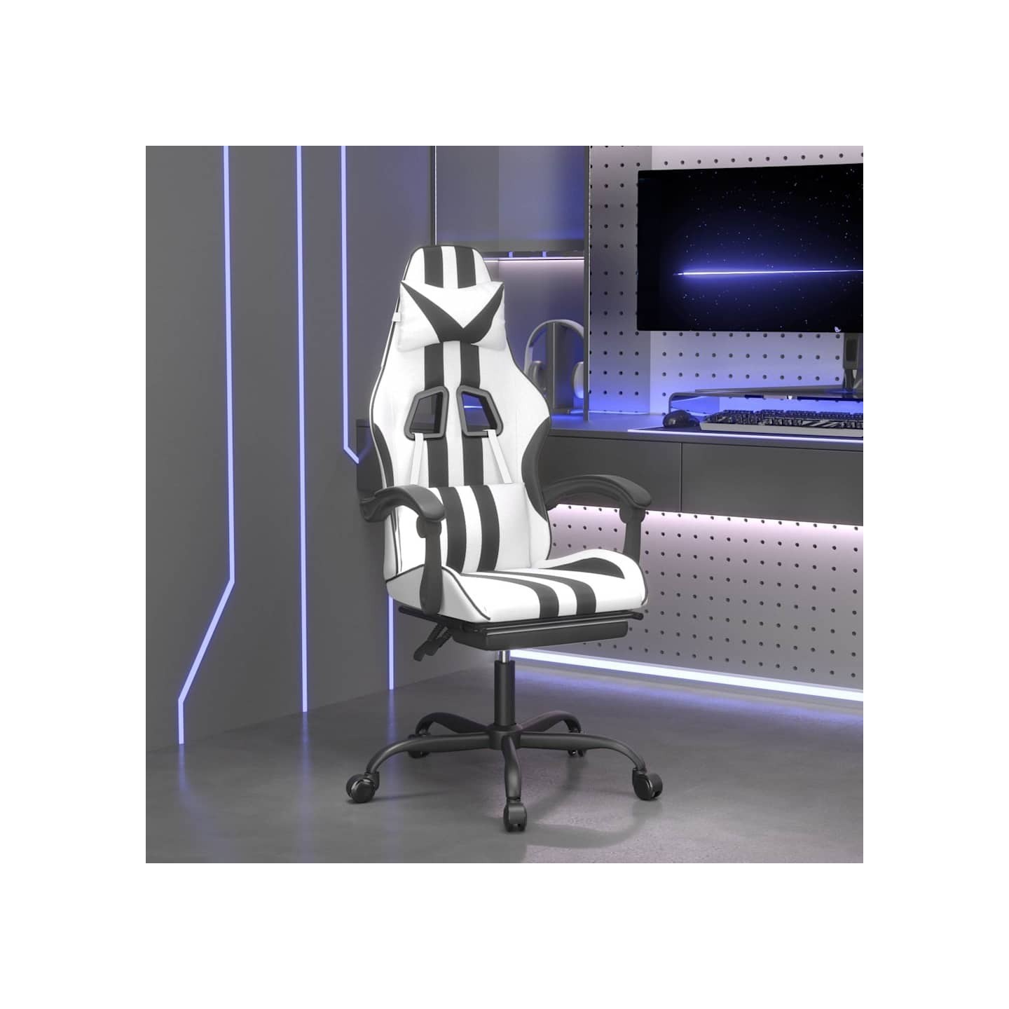 Chaise de jeu avec repose-pied Blanc et noir Similicuir