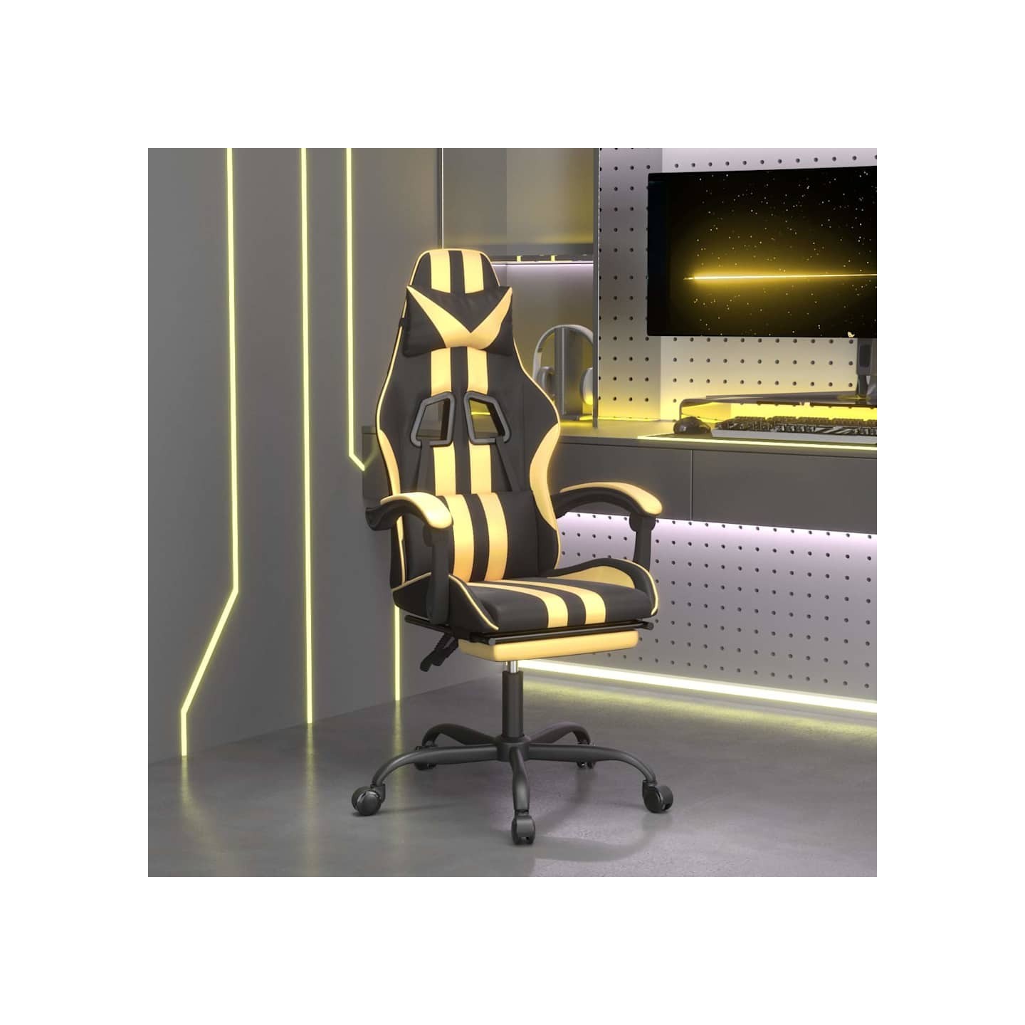 Chaise de jeu avec repose-pied Noir et doré Similicuir
