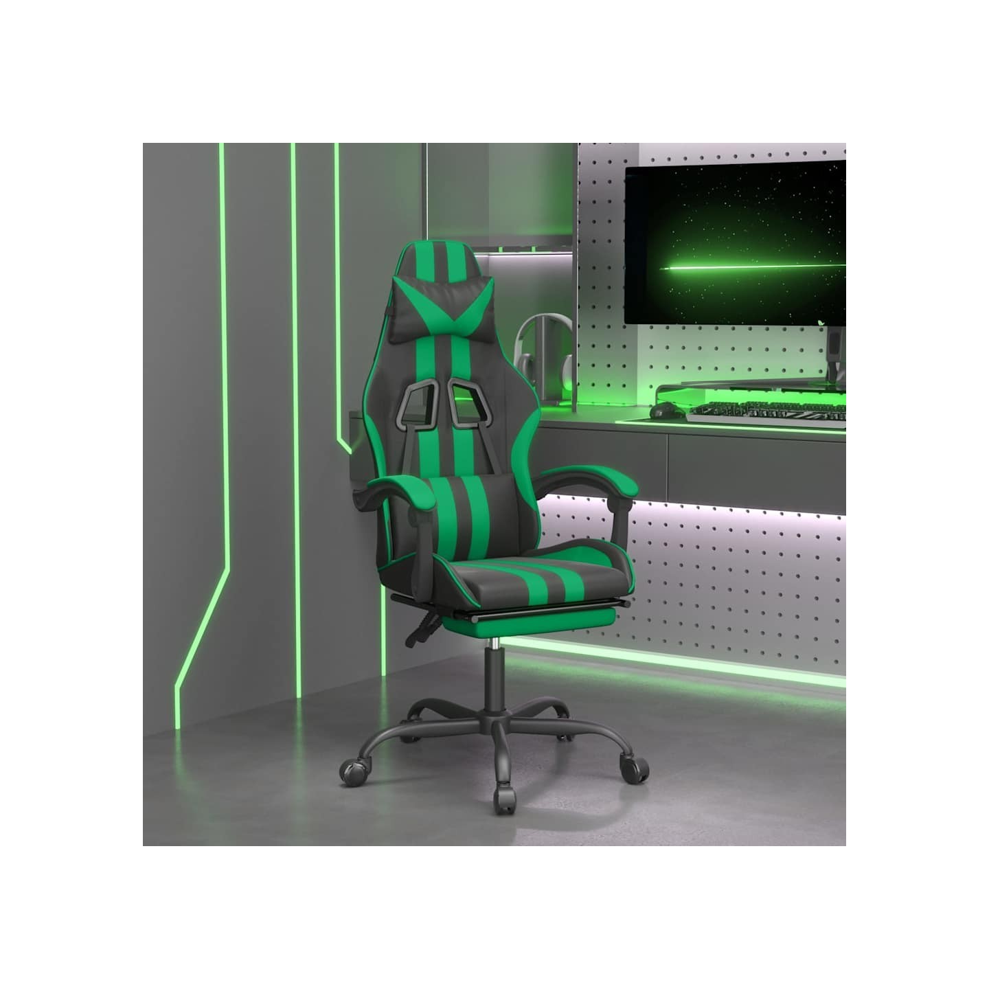 Chaise de jeu avec repose-pied Noir et vert Similicuir