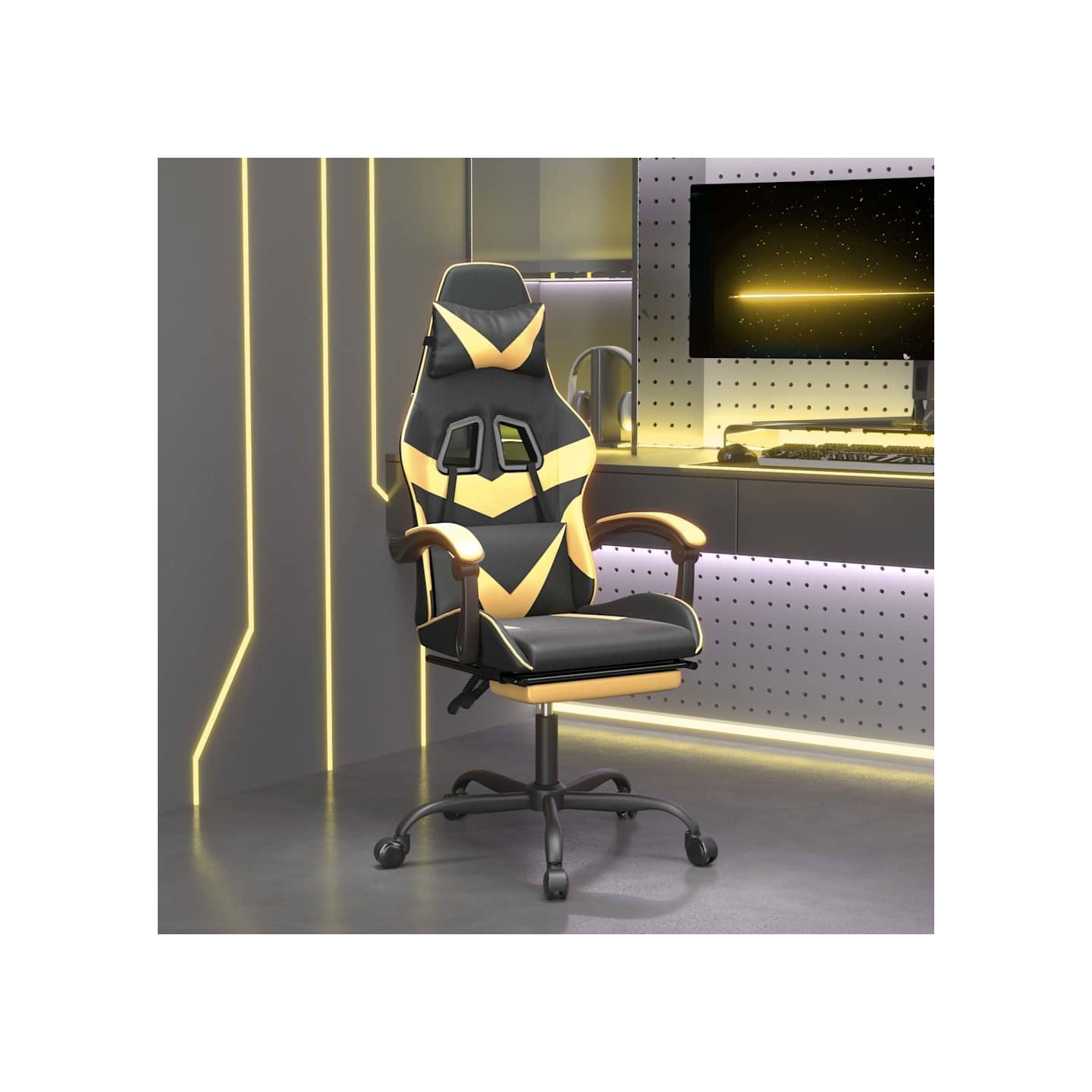 Chaise de jeu avec repose-pied Noir et doré Similicuir