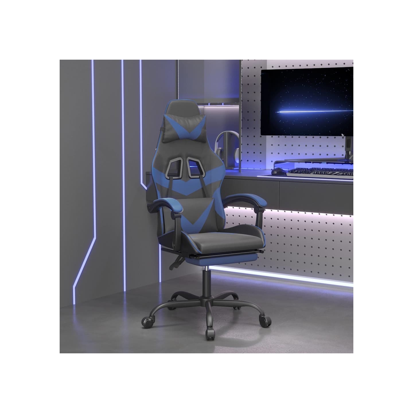Chaise de jeu avec repose-pied Noir et bleu Similicuir