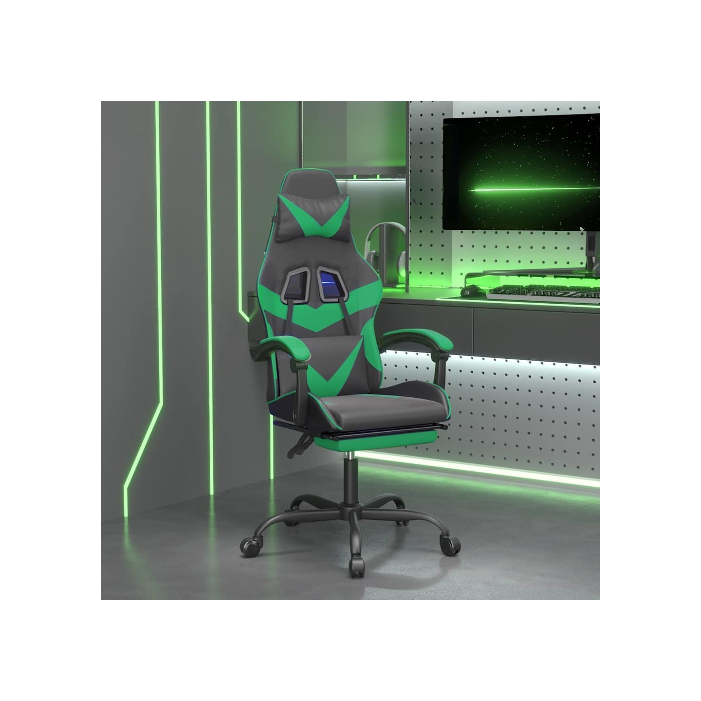 Chaise de jeu avec repose-pied Noir et vert Similicuir