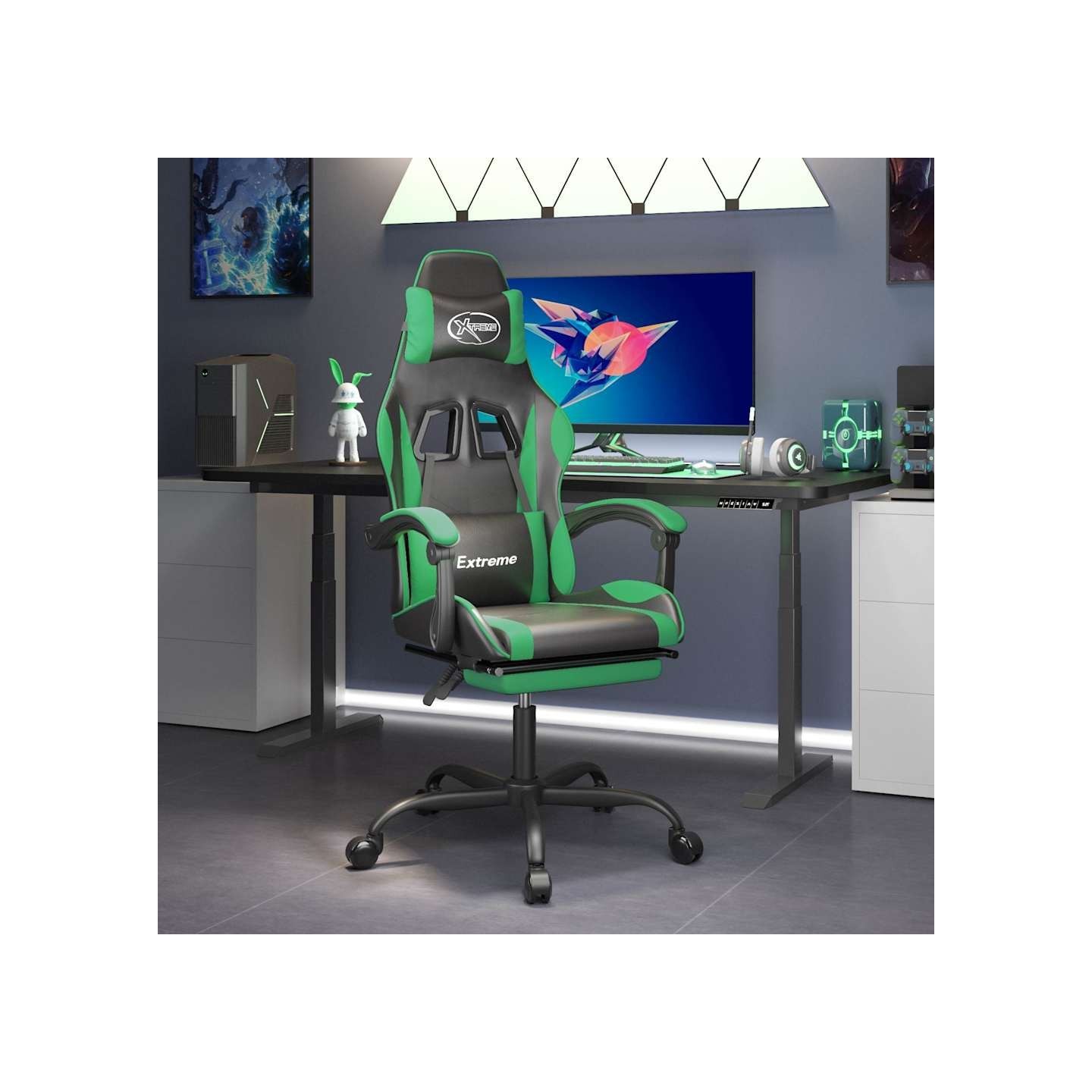 Chaise de jeu avec repose-pied Noir et vert Similicuir