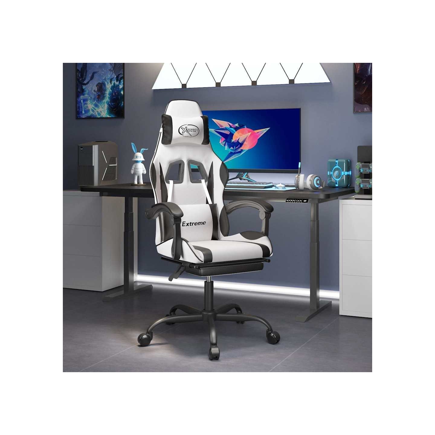 Chaise de jeu avec repose-pied Blanc et noir Similicuir