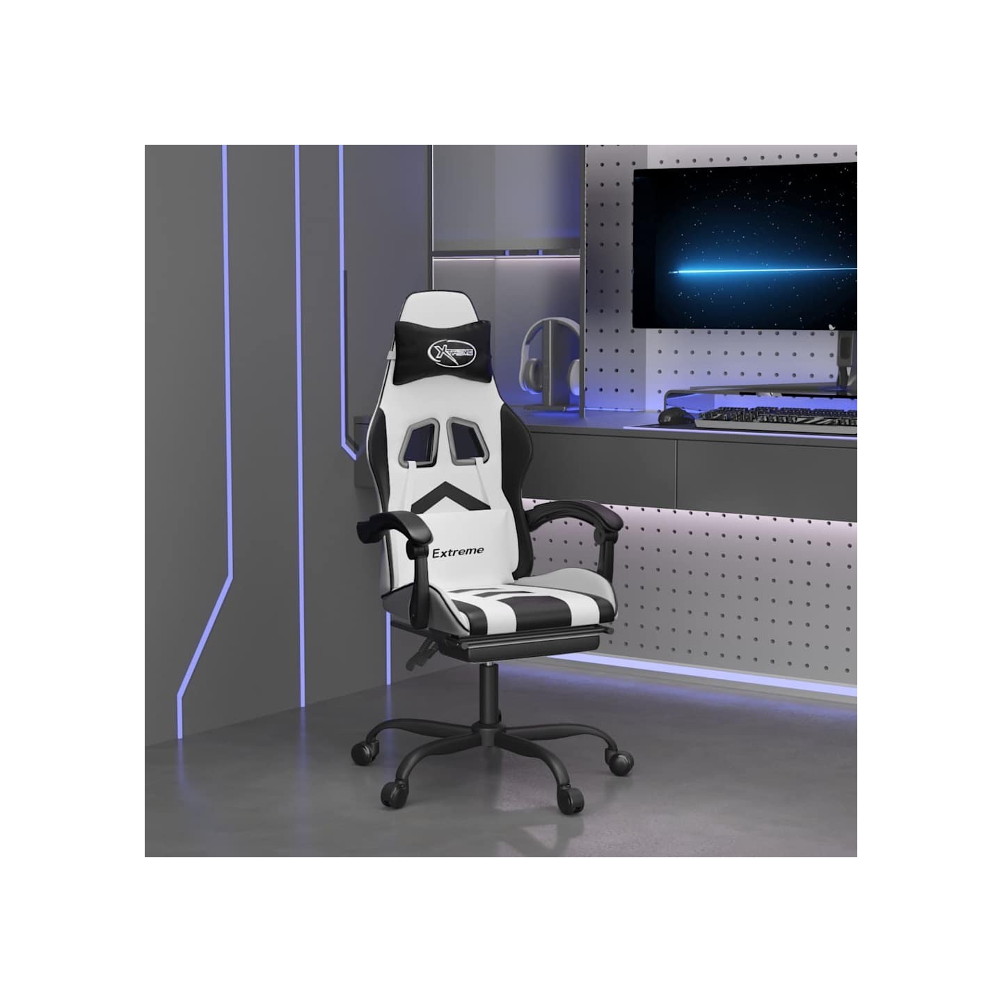 Chaise de jeu avec repose-pied Blanc et noir Similicuir