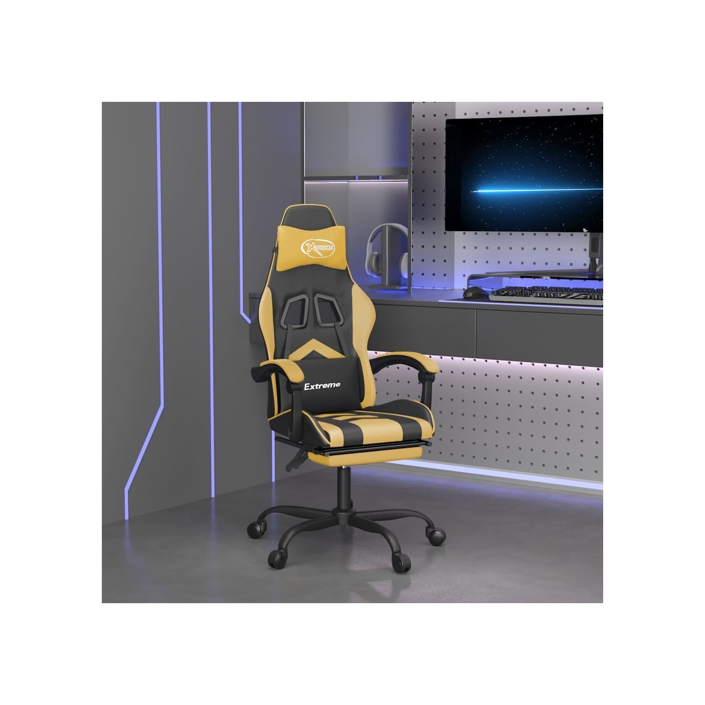 Chaise de jeu avec repose-pied Noir et doré Similicuir