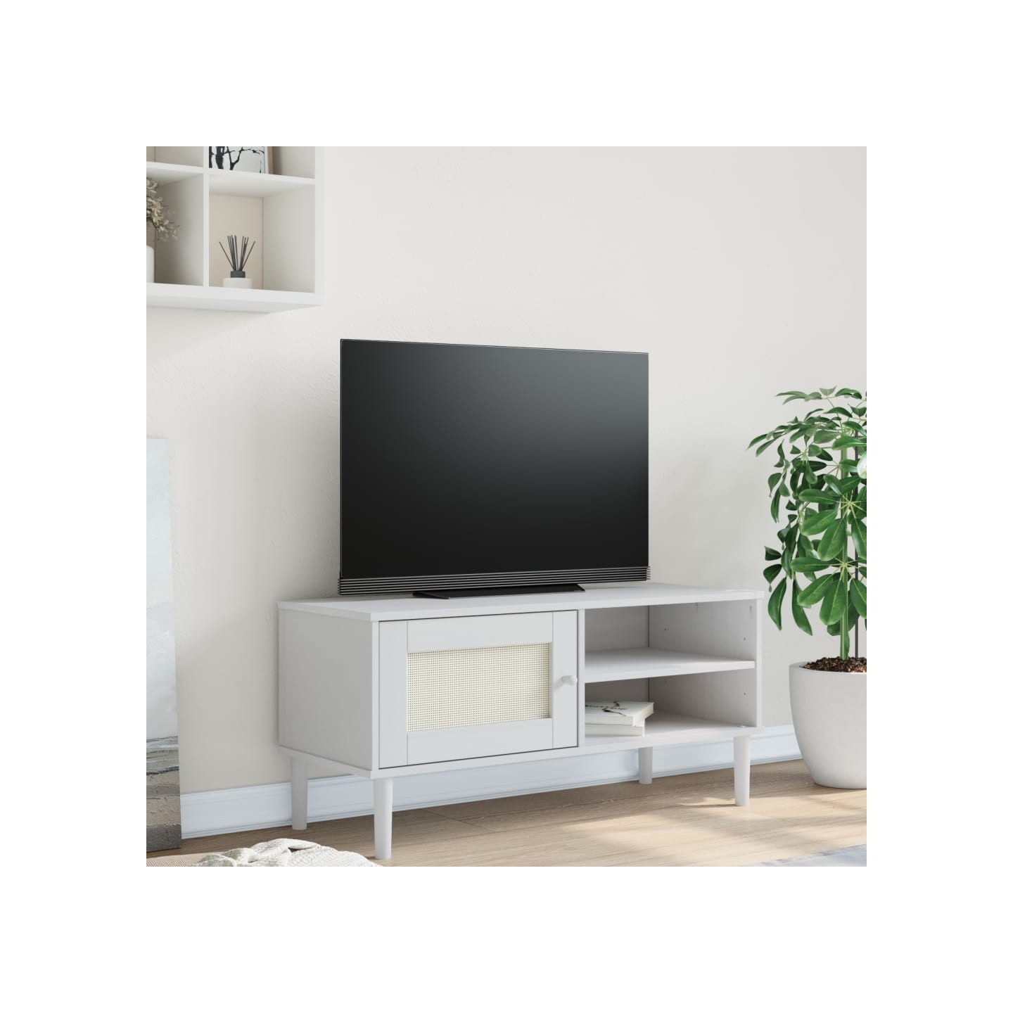 Meuble TV SENJA aspect rotin blanc 106x40x49cm bois massif pin