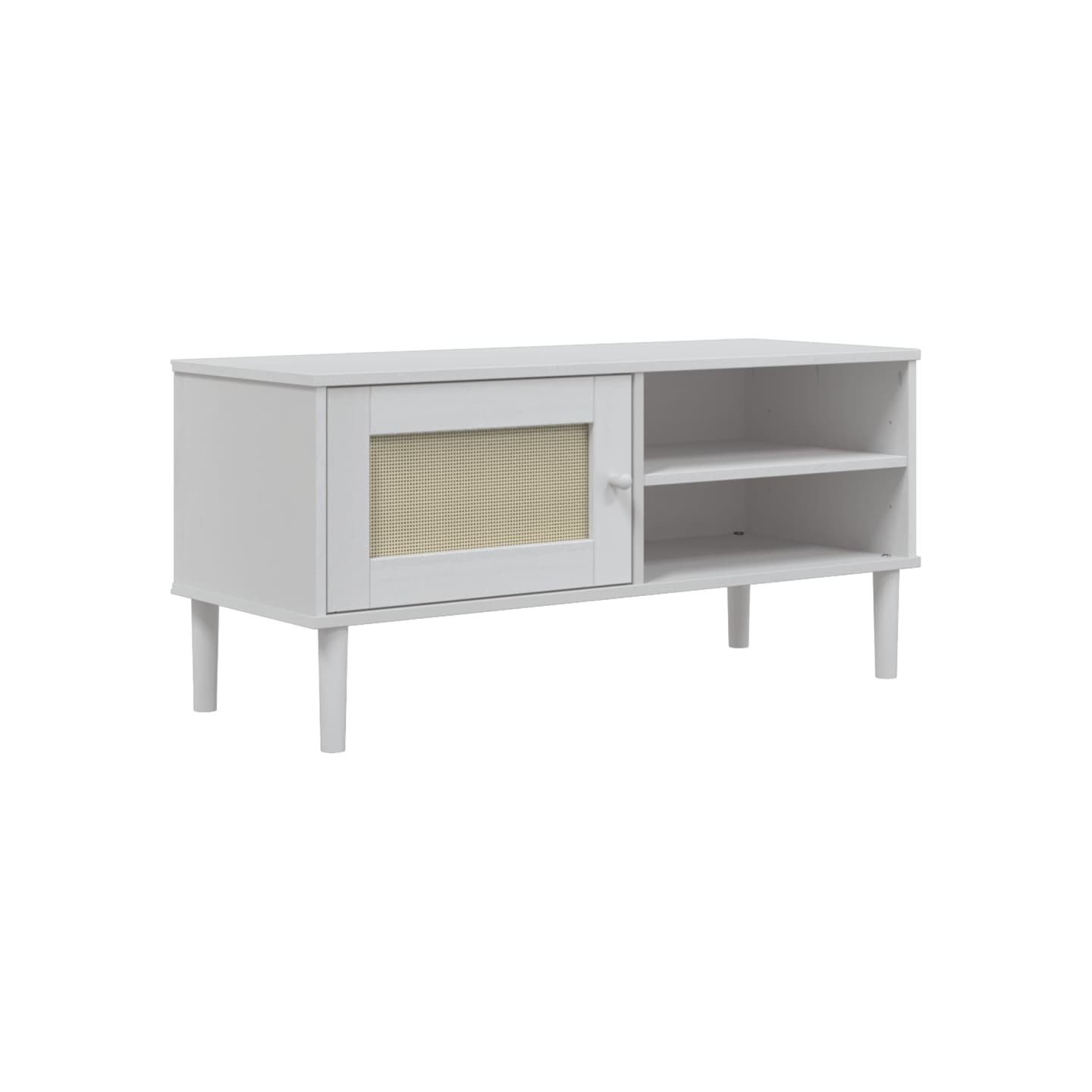 Meuble TV SENJA aspect rotin blanc 106x40x49cm bois massif pin