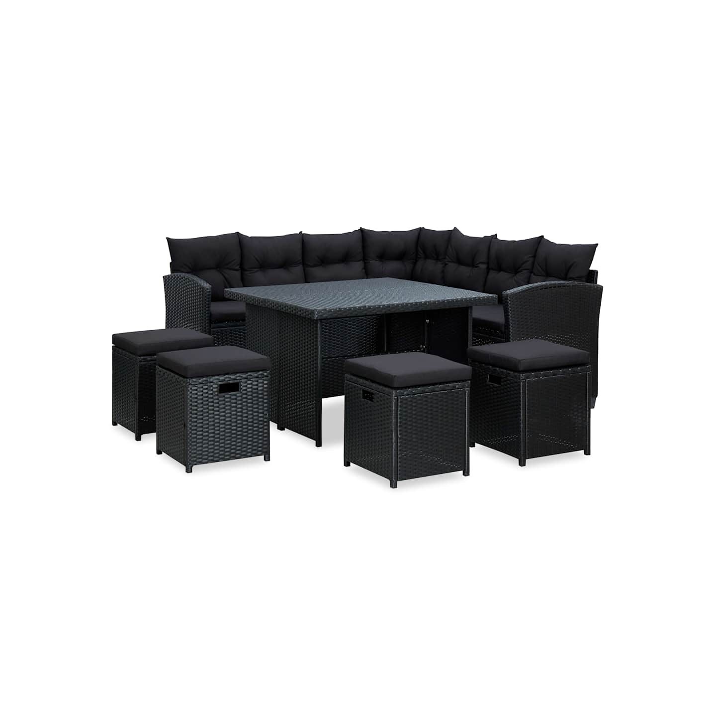 Salon de jardin 6 pcs avec coussins résine tressée noir