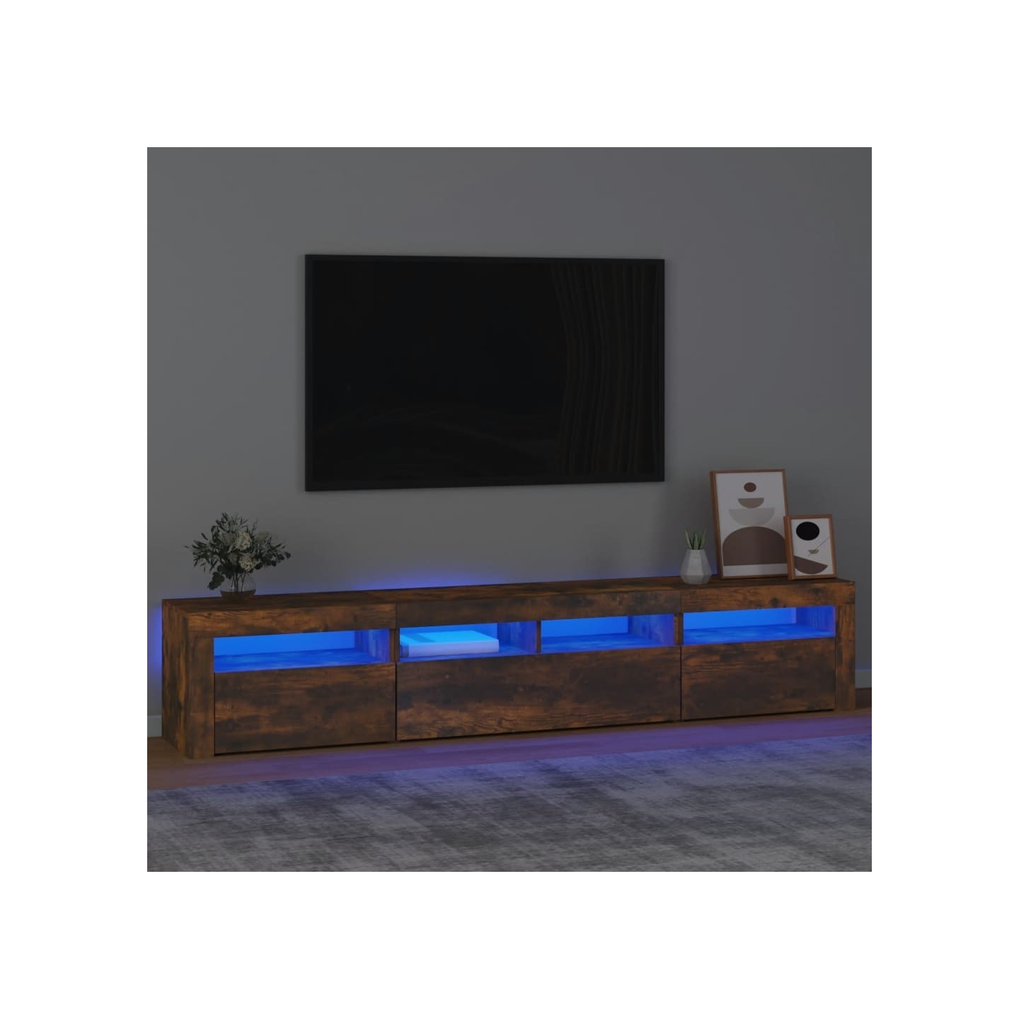 Meuble TV avec lumières LED Chêne fumé 210x35x40 cm