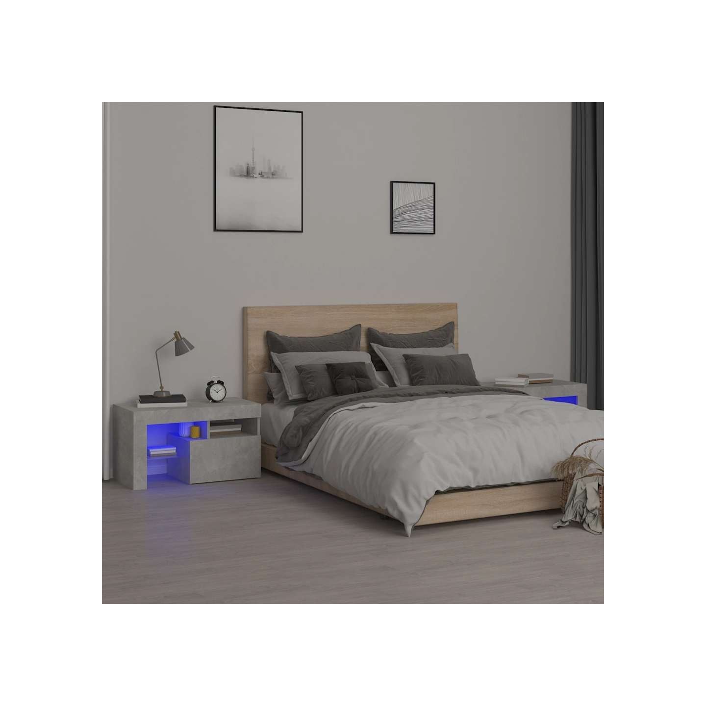 Tables de chevet 2 pcs et lumières LED Gris béton 70x36,5x40 cm