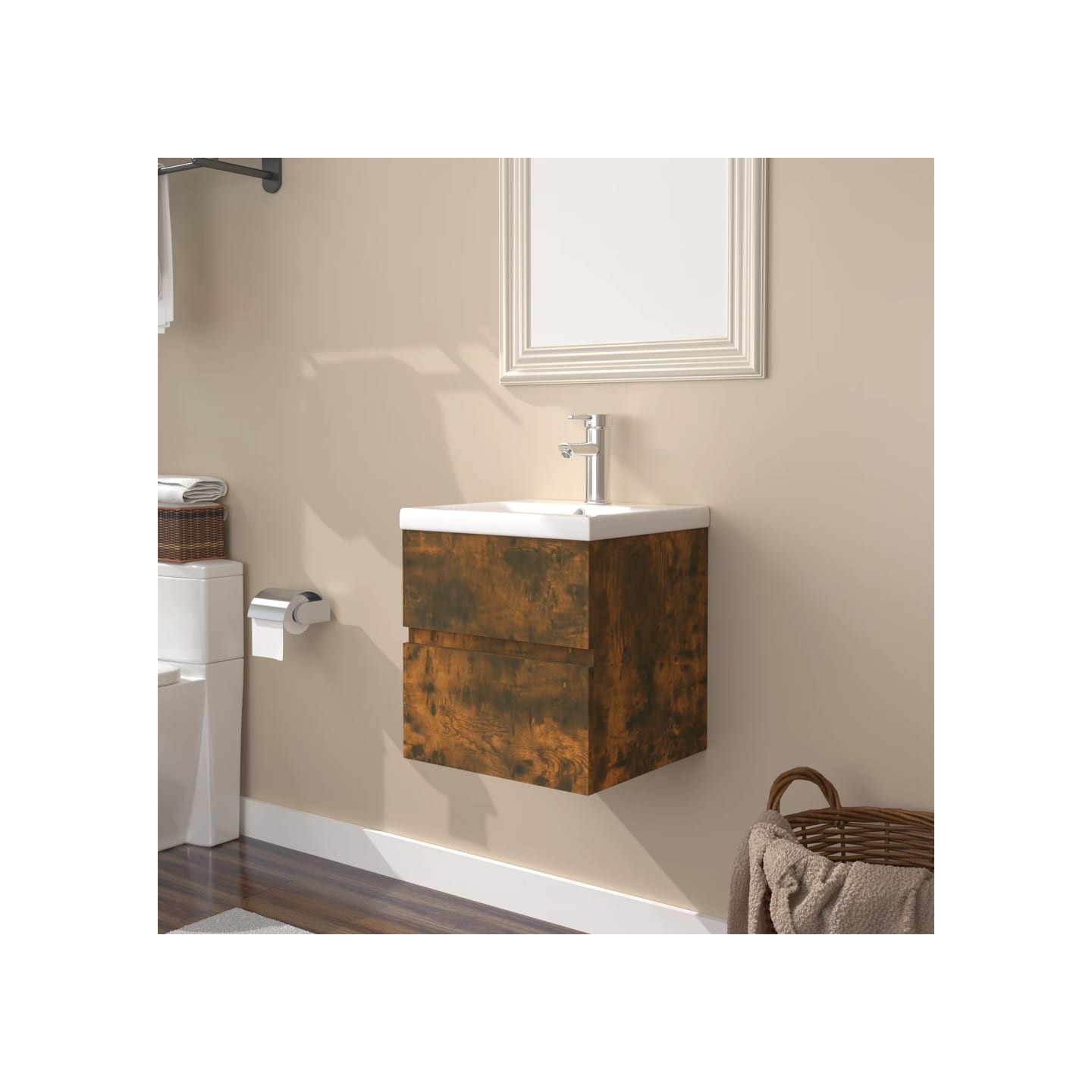 Meuble lavabo avec bassin intégré Chêne fumé Bois d'ingénierie