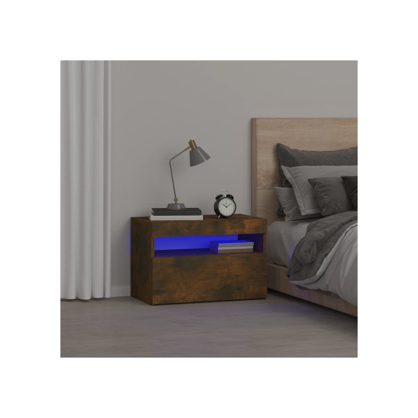 Table de chevet avec lumières LED Chêne fumé 60x35x40 cm
