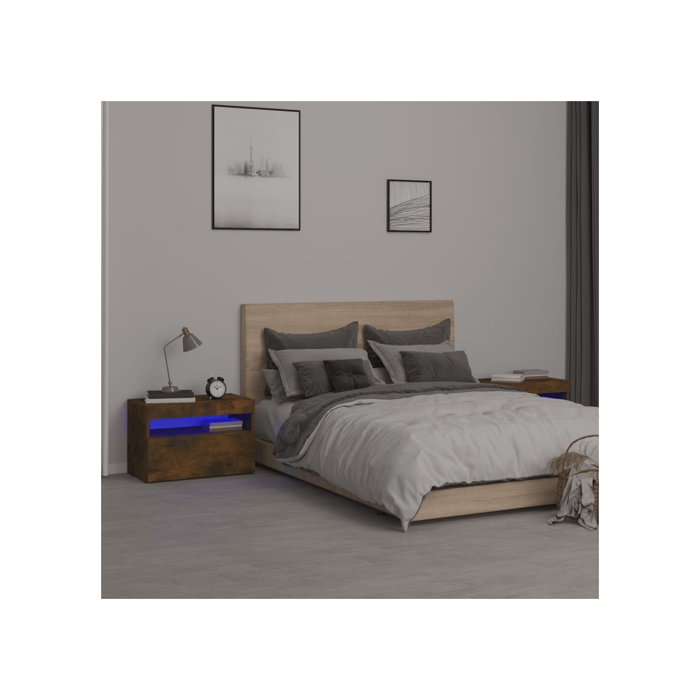 Tables de chevet 2 pcs et lumières LED Chêne fumé 60x35x40 cm