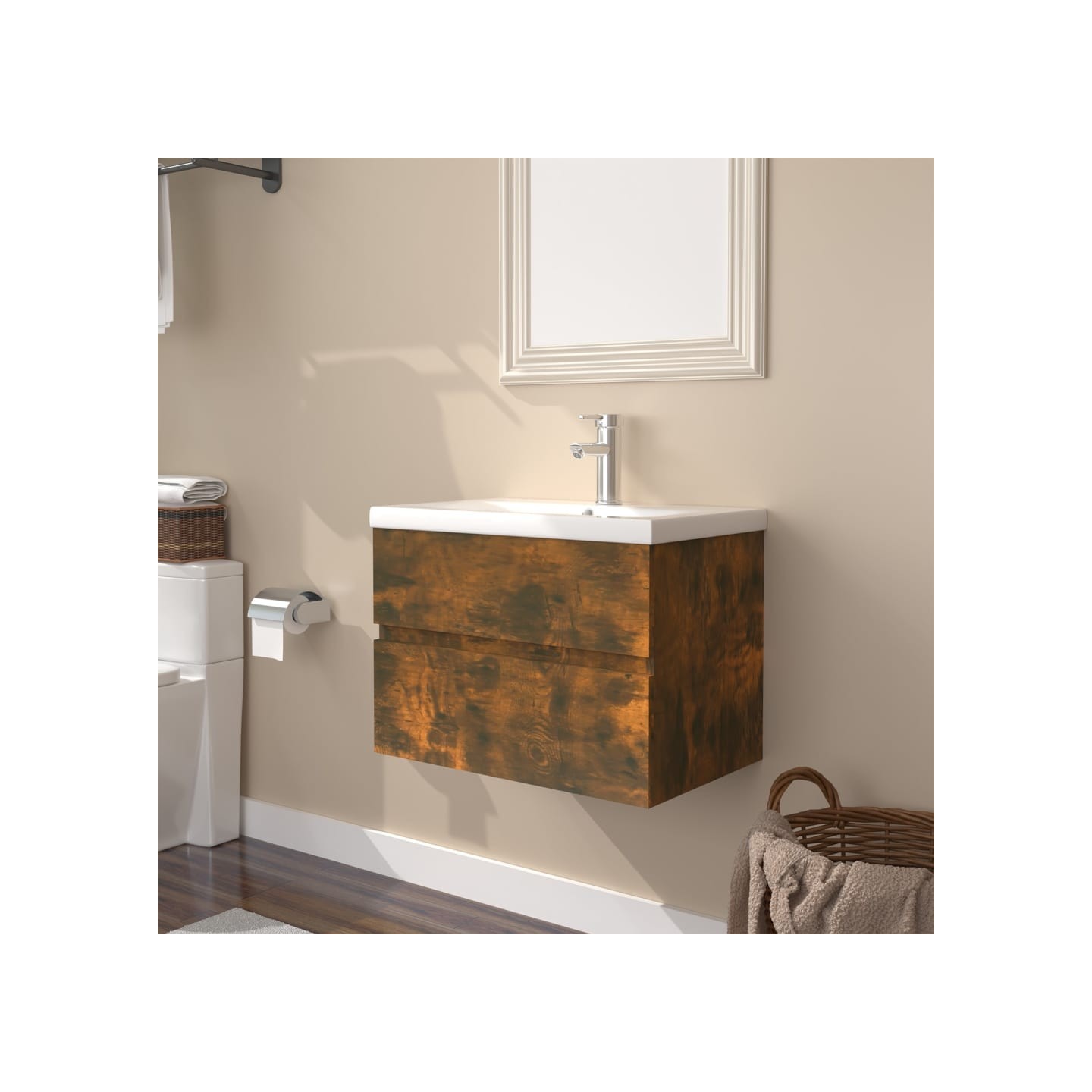 Meuble lavabo avec bassin intégré Chêne fumé Bois d'ingénierie