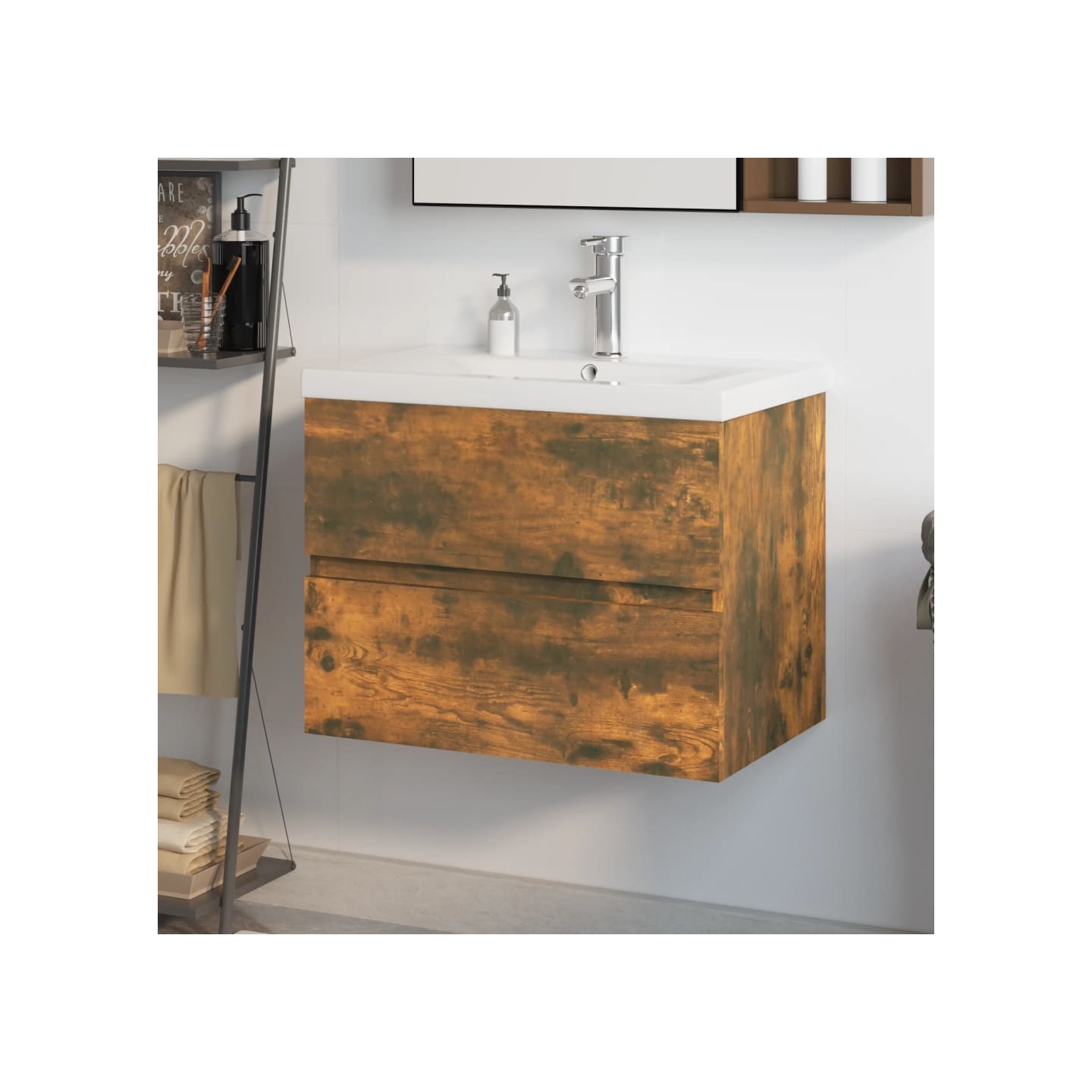 Meuble lavabo avec bassin intégré Chêne fumé Bois d'ingénierie