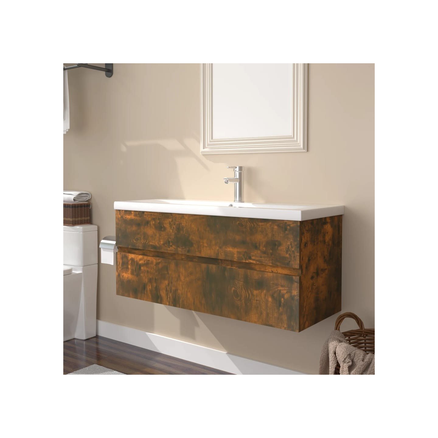 Meuble lavabo avec bassin intégré Chêne fumé Bois d'ingénierie