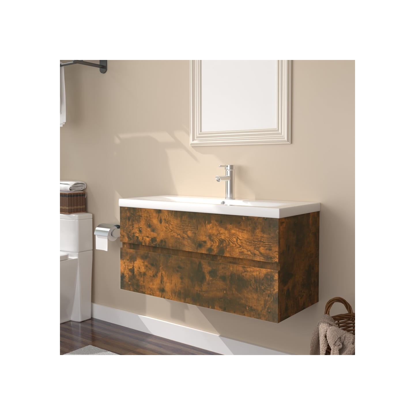 Meuble lavabo avec bassin intégré Chêne fumé Bois d'ingénierie