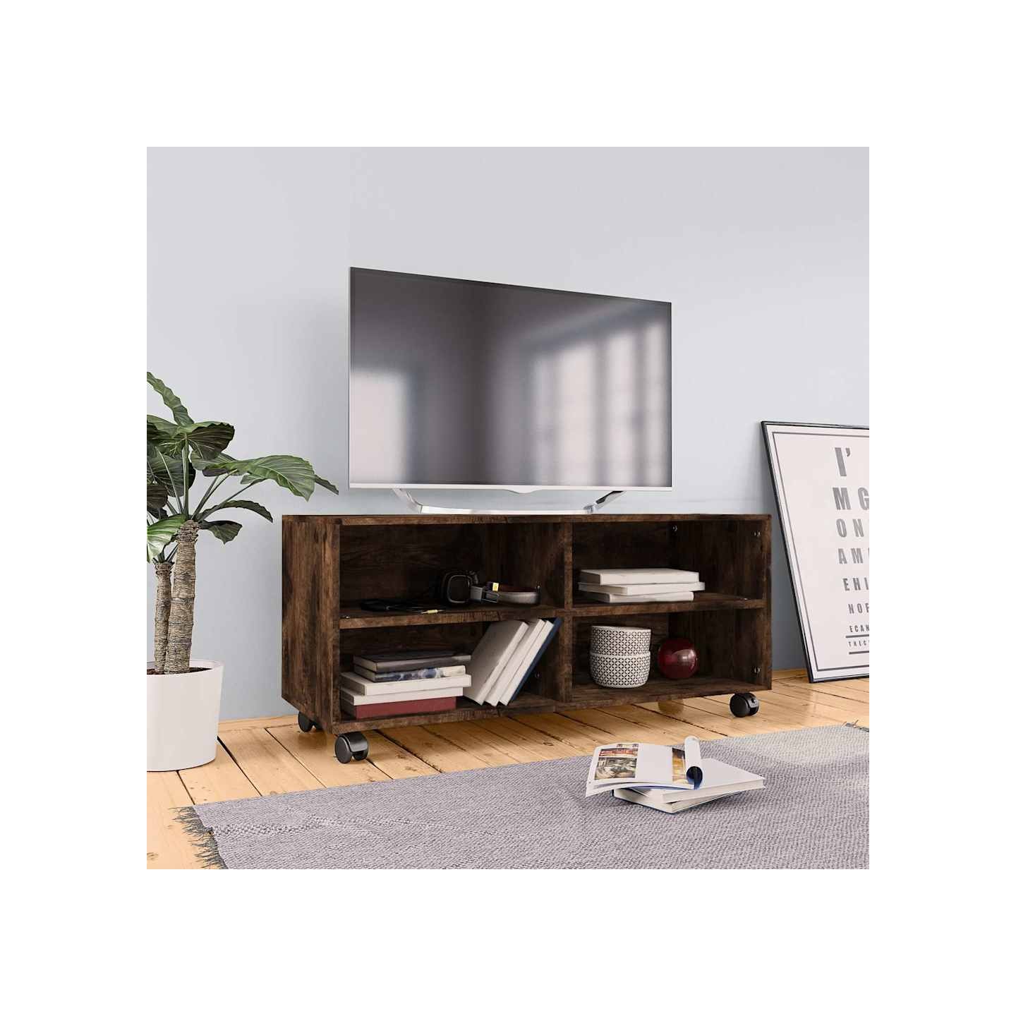 Meuble TV sur roulettes Chêne fumé 90x35x35cm Bois d'ingénierie