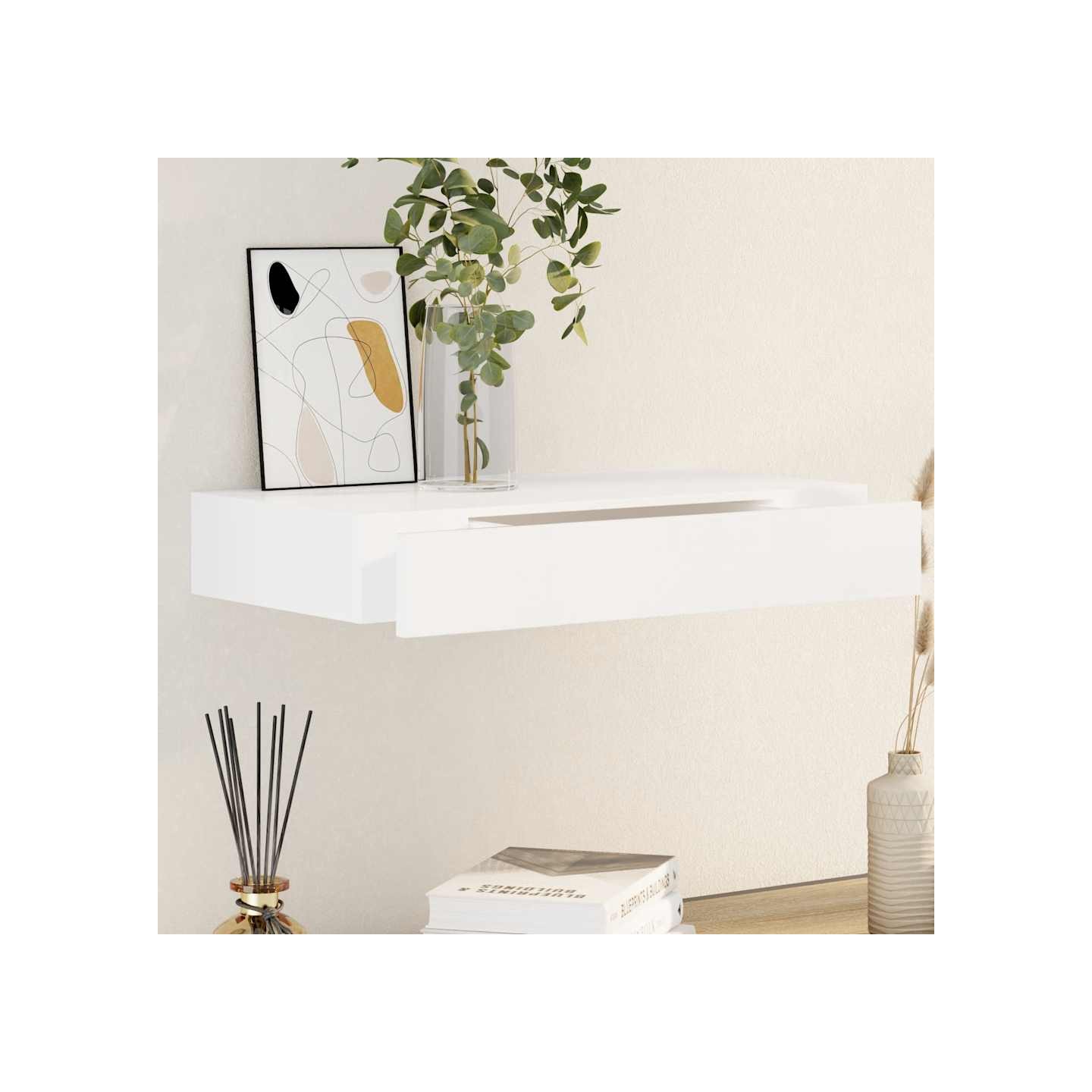 Étagère murale avec 1 tiroir MDF Blanc Rangement de livres/DVD