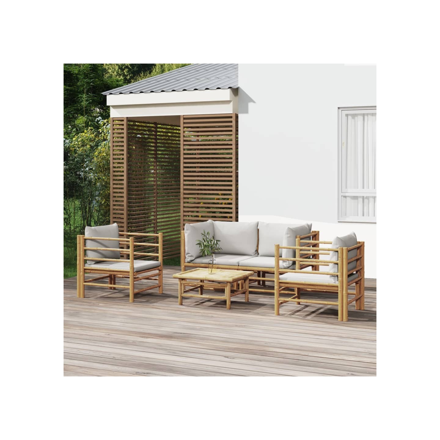 Salon de jardin 5 pcs avec coussins gris clair bambou