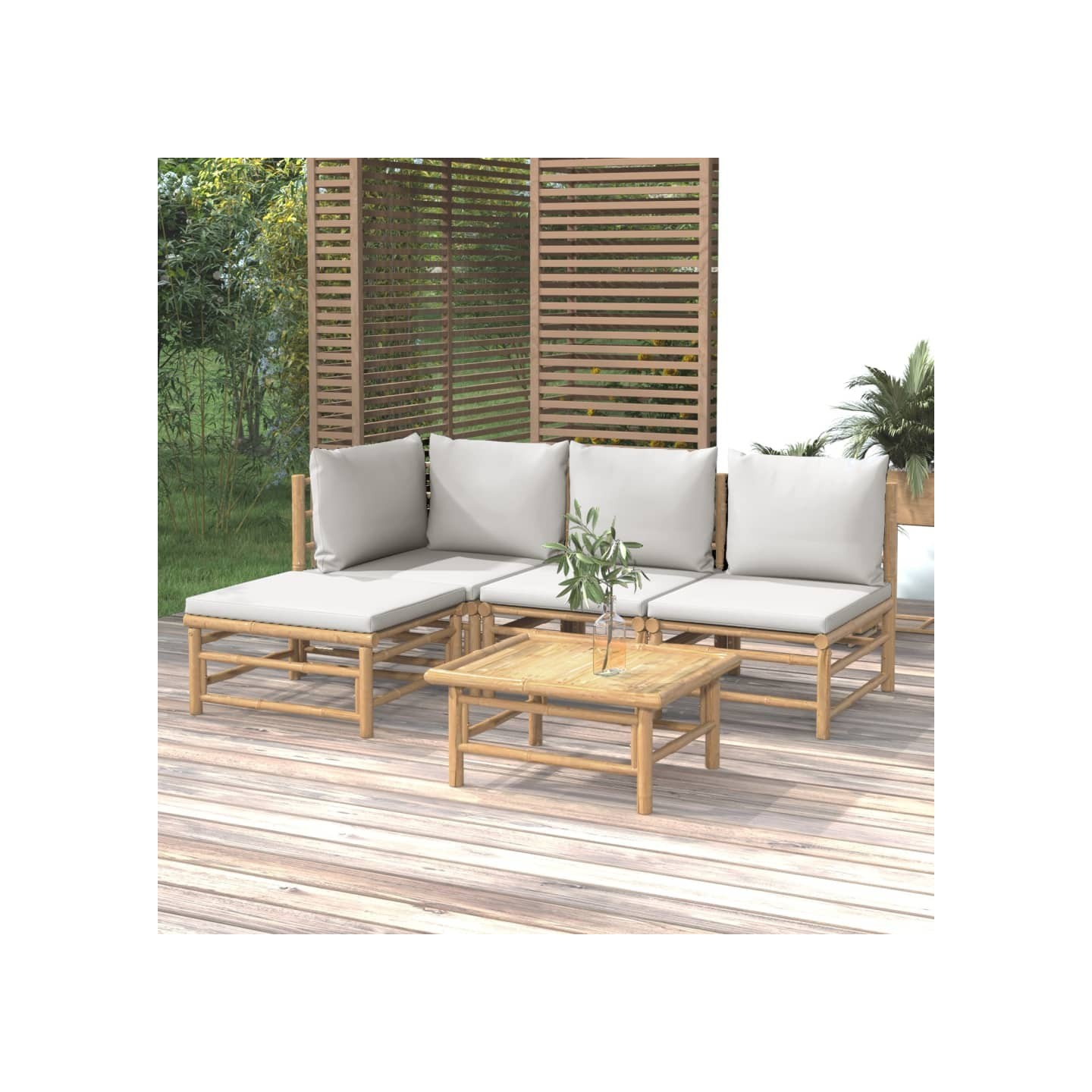 Salon de jardin 5 pcs avec coussins gris clair bambou