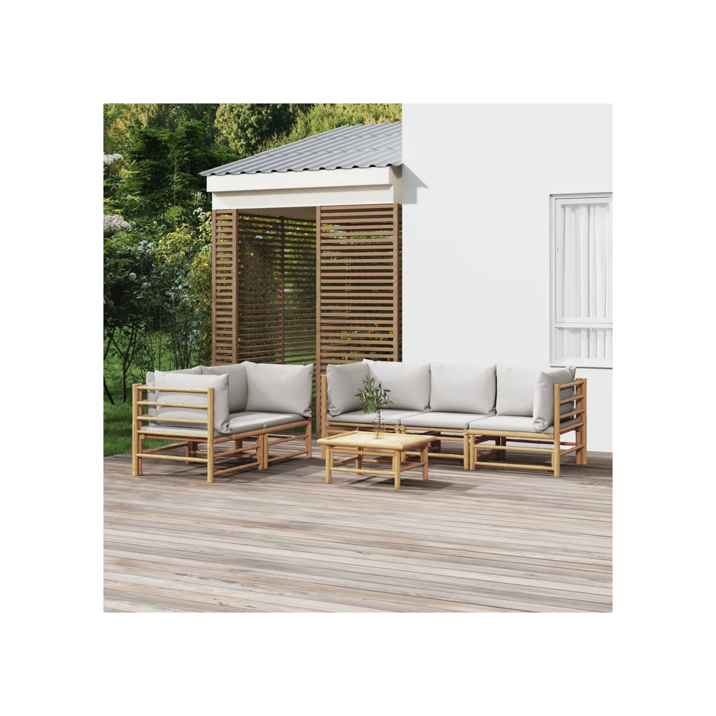 Salon de jardin 6 pcs avec coussins gris clair bambou