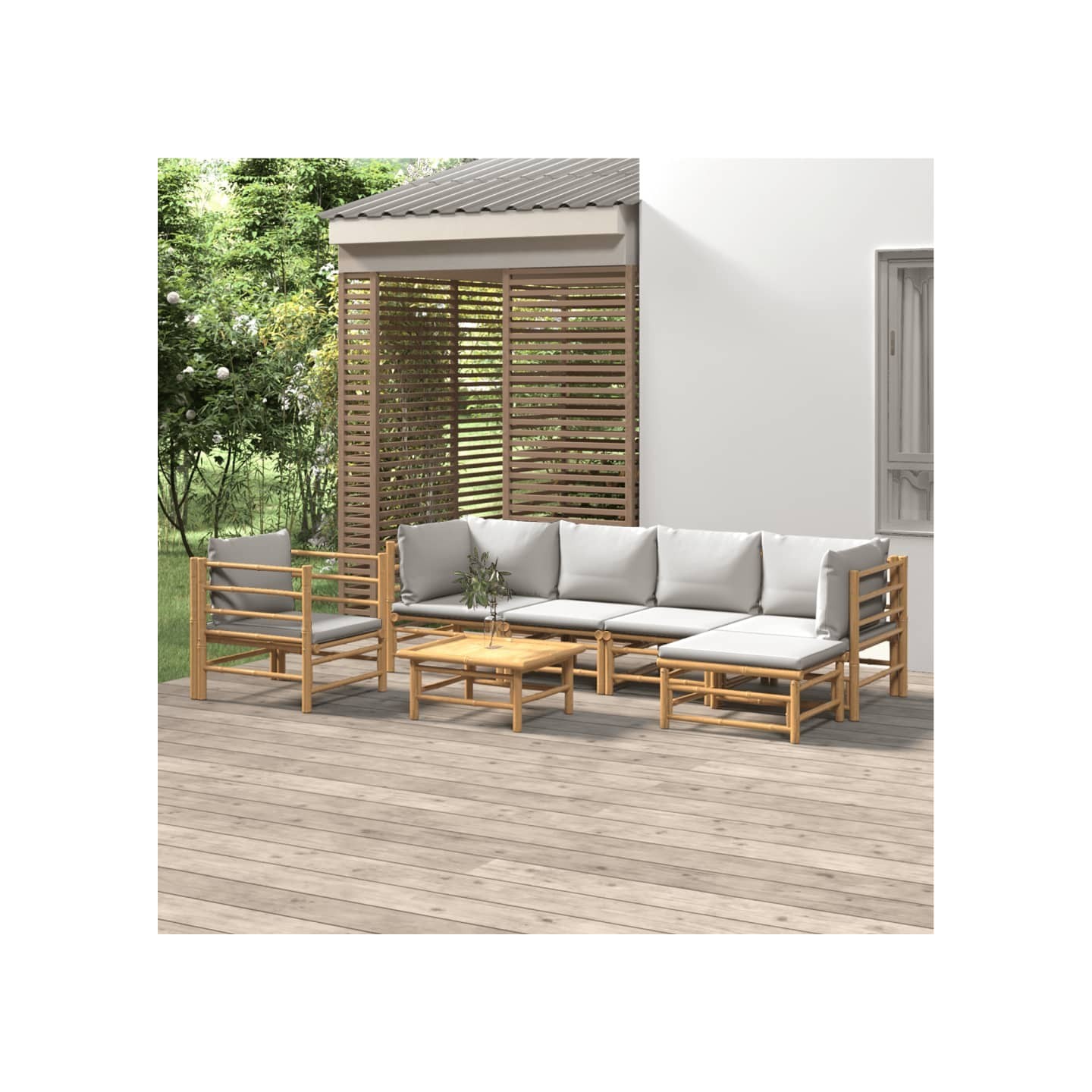Salon de jardin 7 pcs avec coussins gris clair bambou