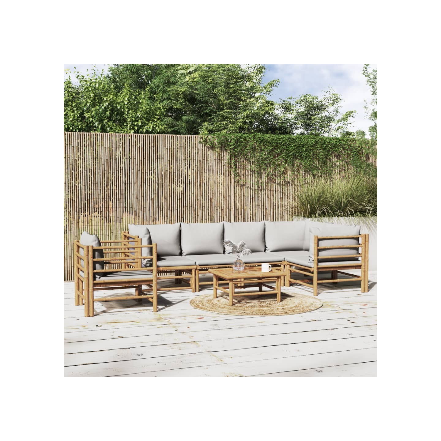 Salon de jardin 7 pcs avec coussins gris clair bambou