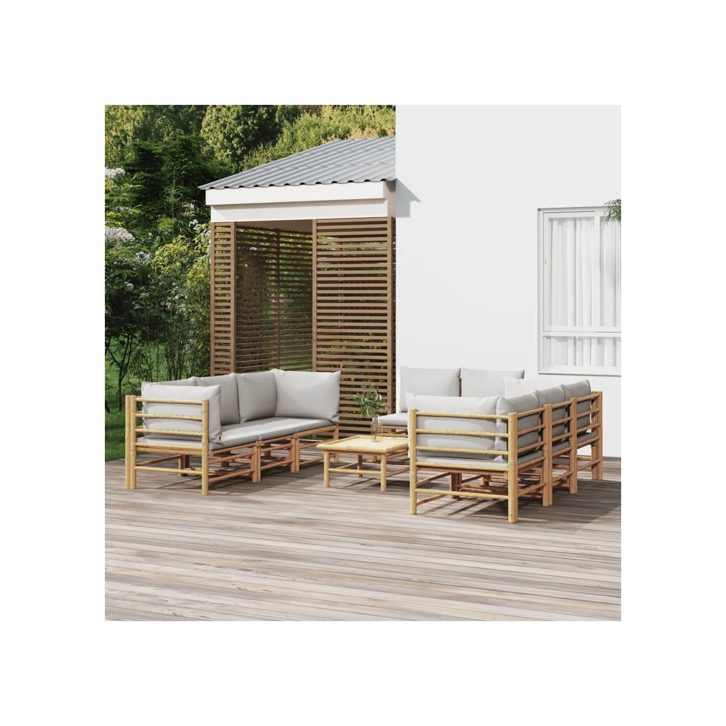 Salon de jardin 9 pcs avec coussins gris clair bambou
