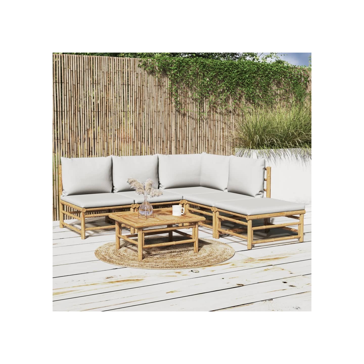 Salon de jardin 6 pcs avec coussins gris clair bambou