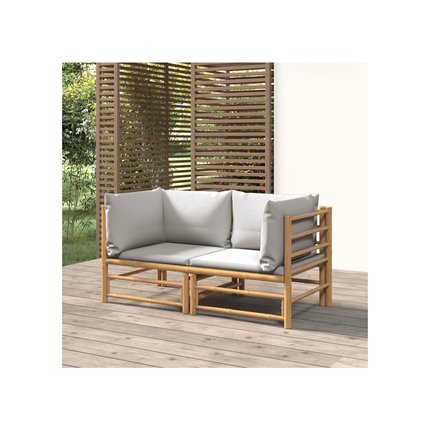 Canapés d'angle de jardin avec coussins gris clair 2 pcs bambou