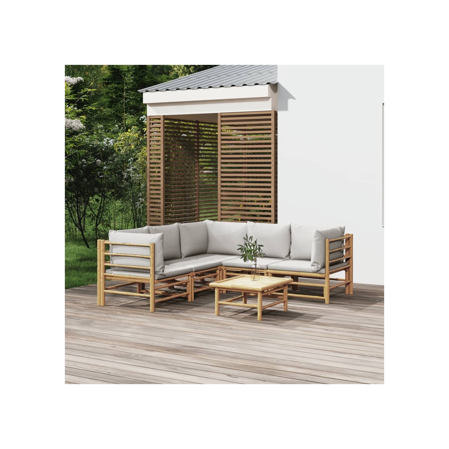 Salon de jardin 6 pcs avec coussins gris clair bambou