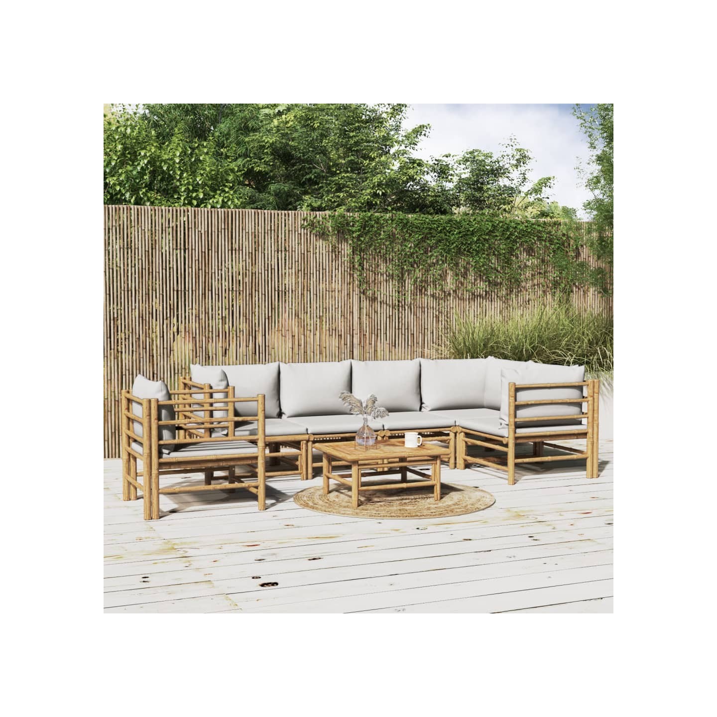 Salon de jardin 7 pcs avec coussins gris clair bambou