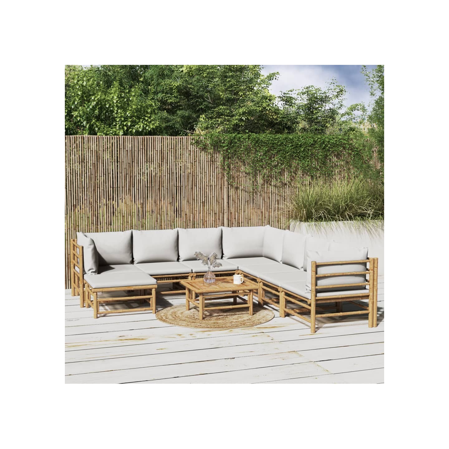Salon de jardin 9 pcs avec coussins gris clair bambou