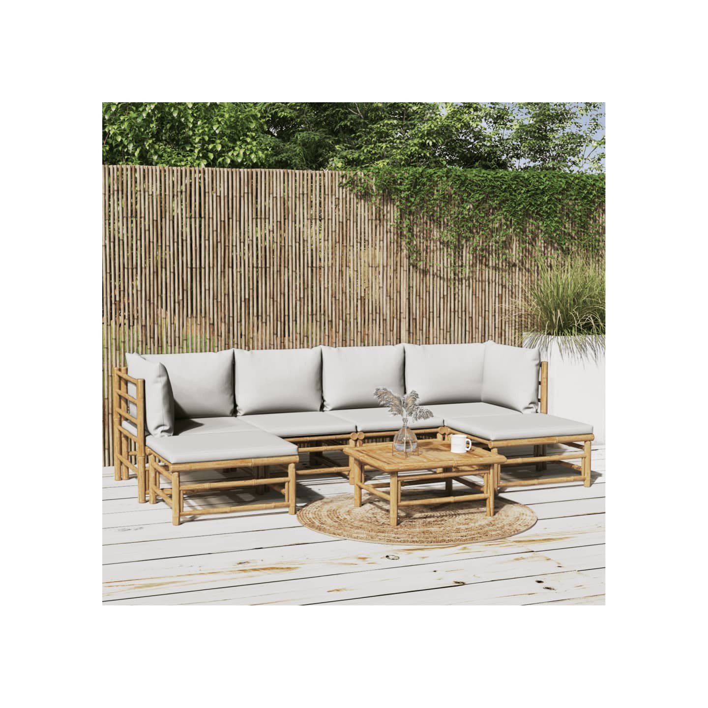 Salon de jardin 7 pcs avec coussins gris clair bambou