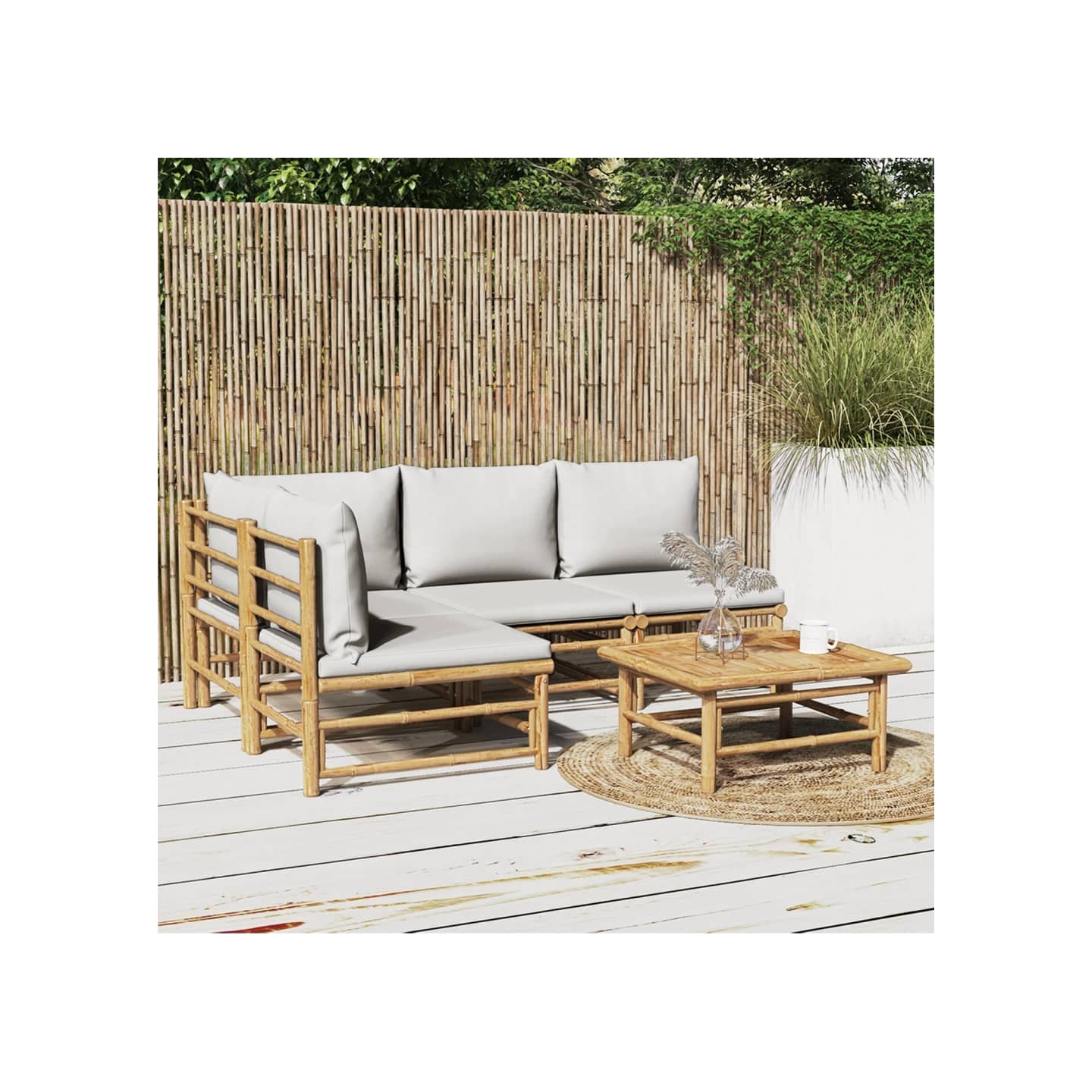 Salon de jardin 5 pcs avec coussins gris clair bambou