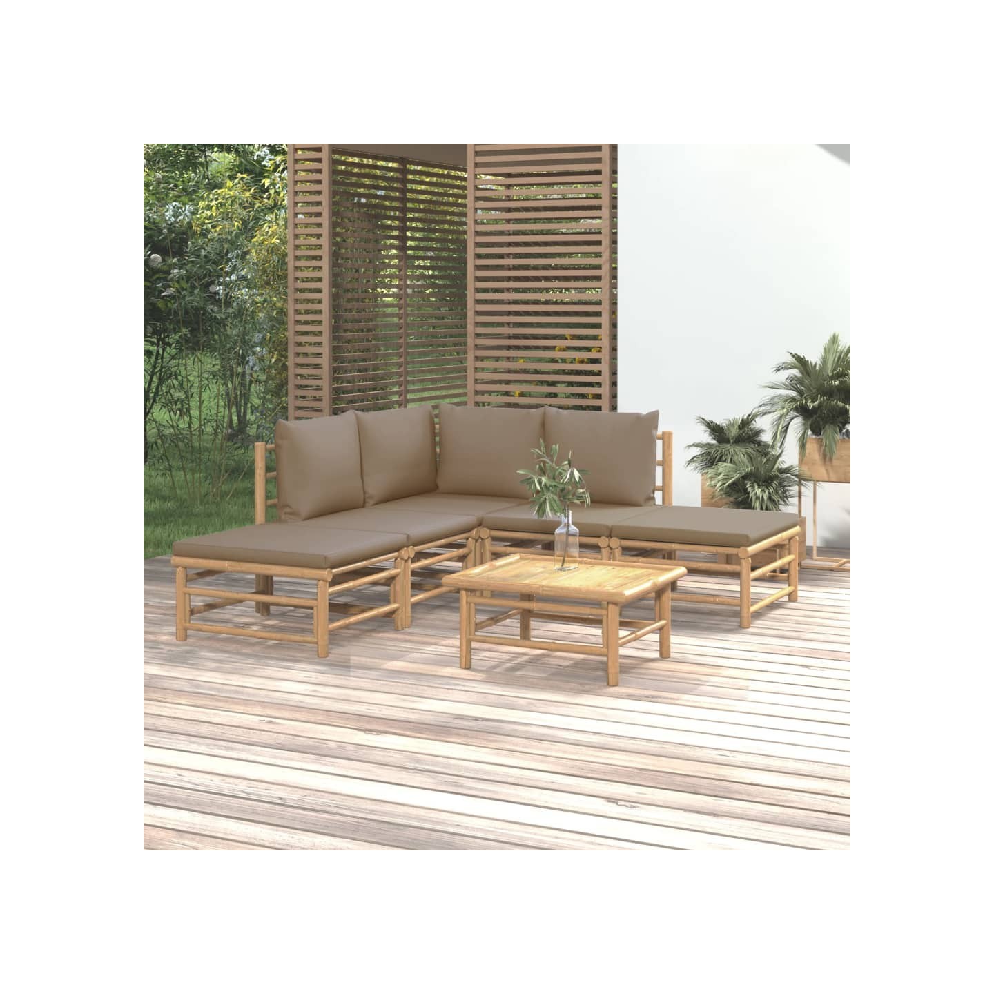 Salon de jardin 6 pcs avec coussins taupe bambou