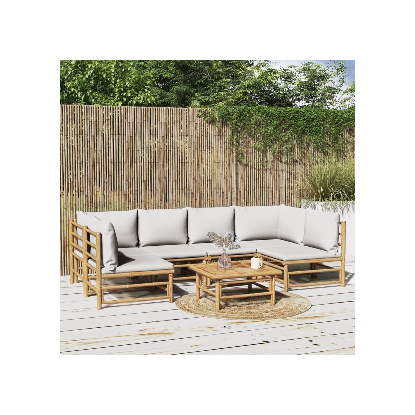 Salon de jardin 7 pcs avec coussins gris clair bambou