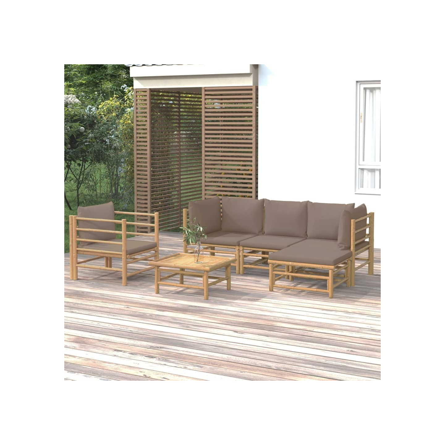 Salon de jardin 6 pcs avec coussins taupe bambou