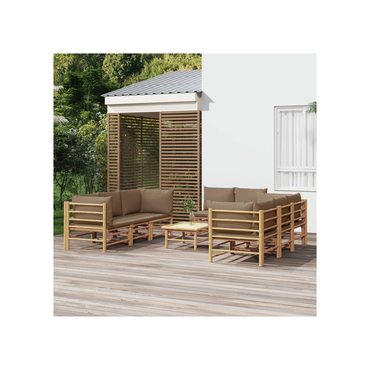 Salon de jardin 9 pcs avec coussins taupe bambou